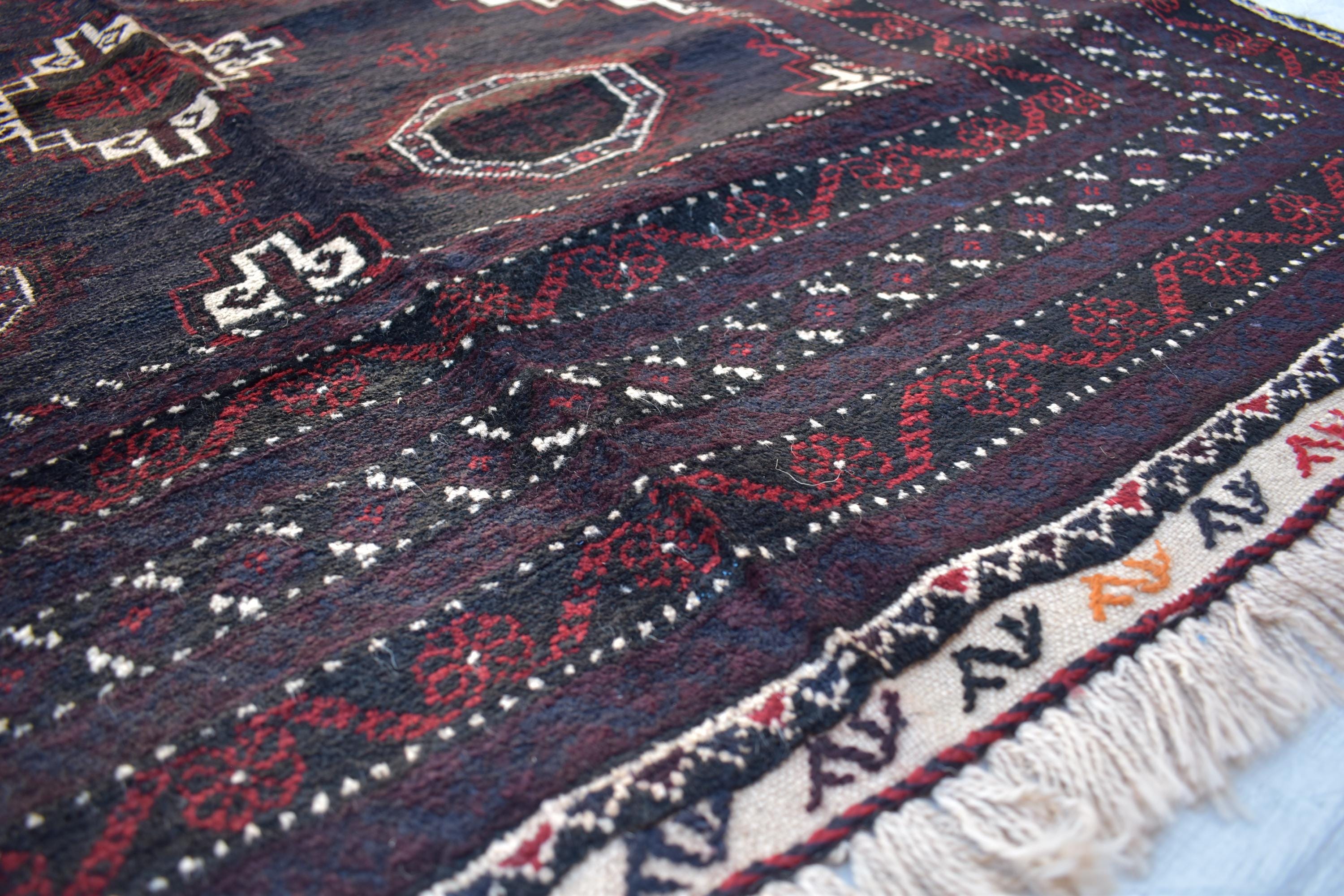 Antique 1950s Baluchi Rug – Vintage Handmade Afghan Wool Carpet, 6.60 x 3.11 ft | Tribal Mid-Century Decor | Hallway Rug | Entryway