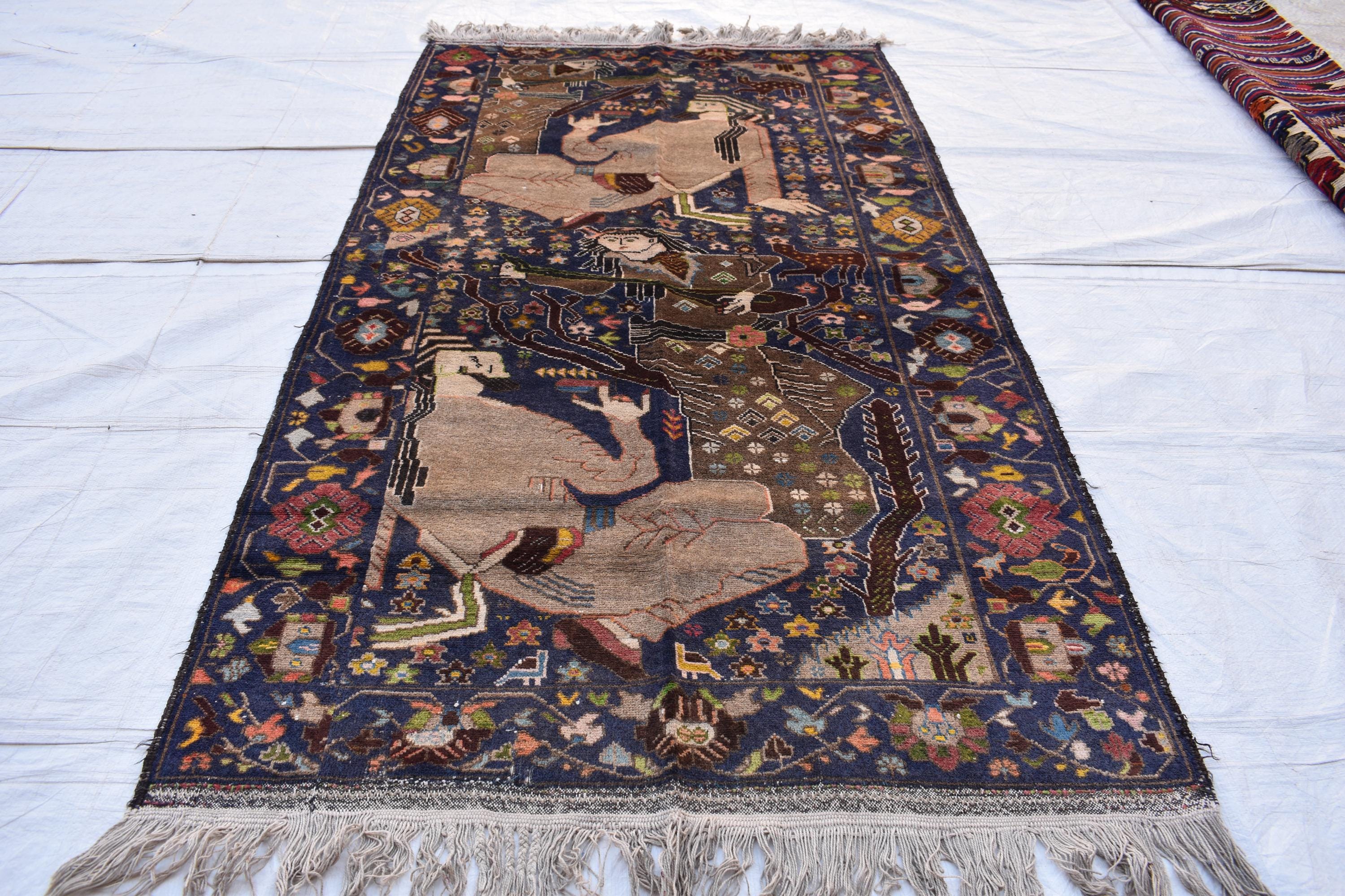 100-Year-Old Afghan War Rug – Handmade Wool Tribal Carpet, 6.6 x 3.6 ft | Rare Collectible with Unique Human Figures | Wall Hanging Rug