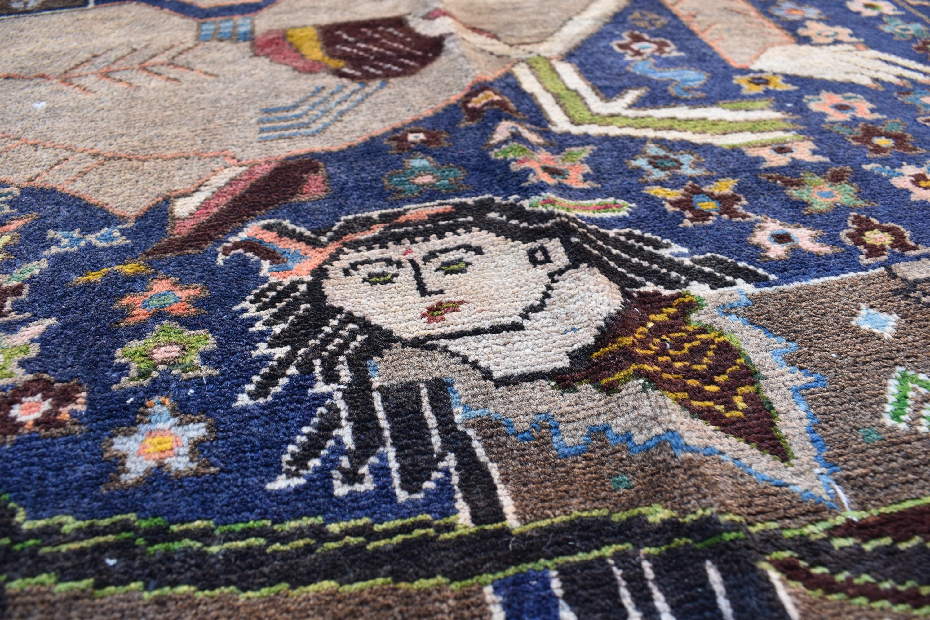 100-Year-Old Afghan War Rug – Handmade Wool Tribal Carpet, 6.6 x 3.6 ft | Rare Collectible with Unique Human Figures | Wall Hanging Rug