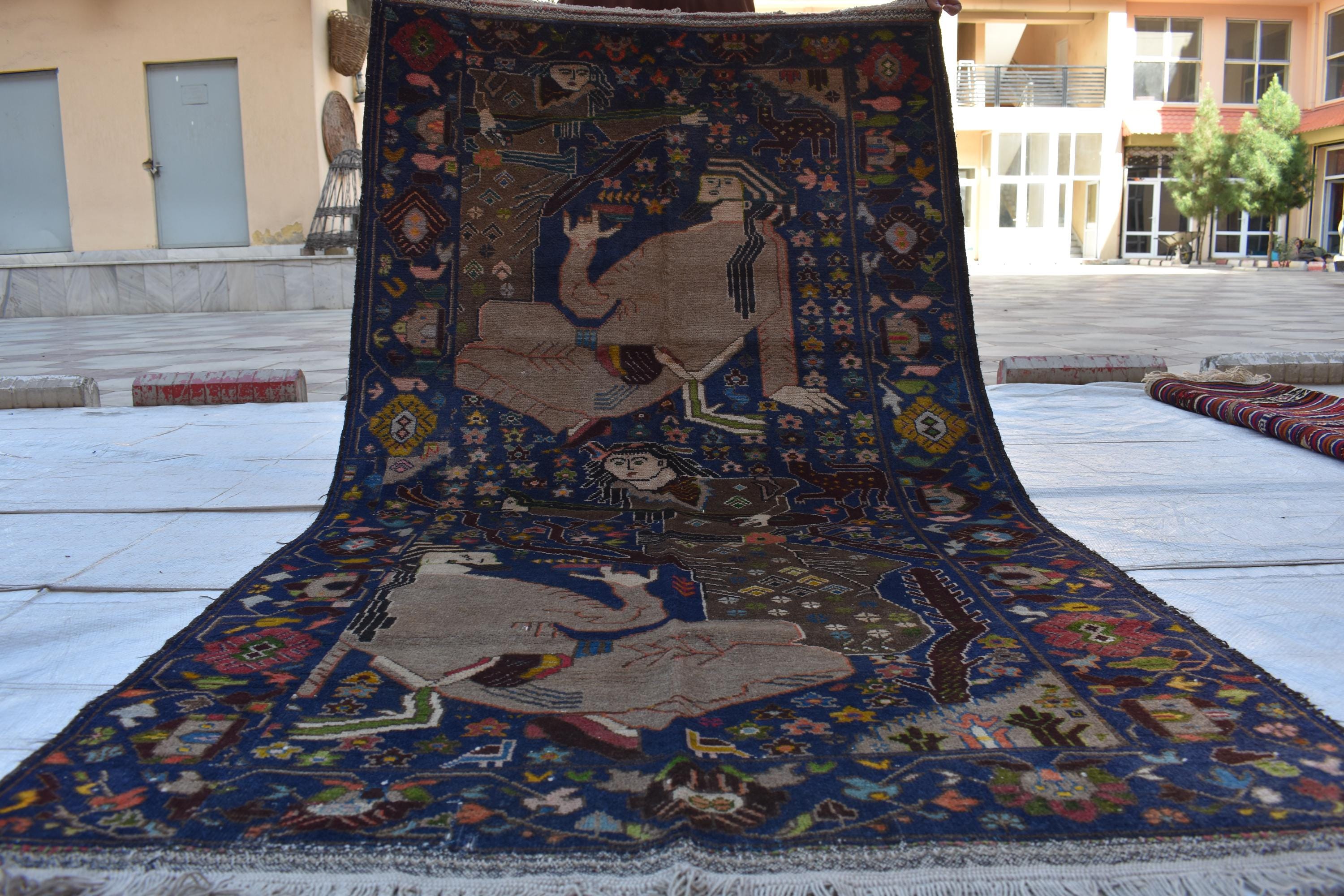 100-Year-Old Afghan War Rug – Handmade Wool Tribal Carpet, 6.6 x 3.6 ft | Rare Collectible with Unique Human Figures | Wall Hanging Rug