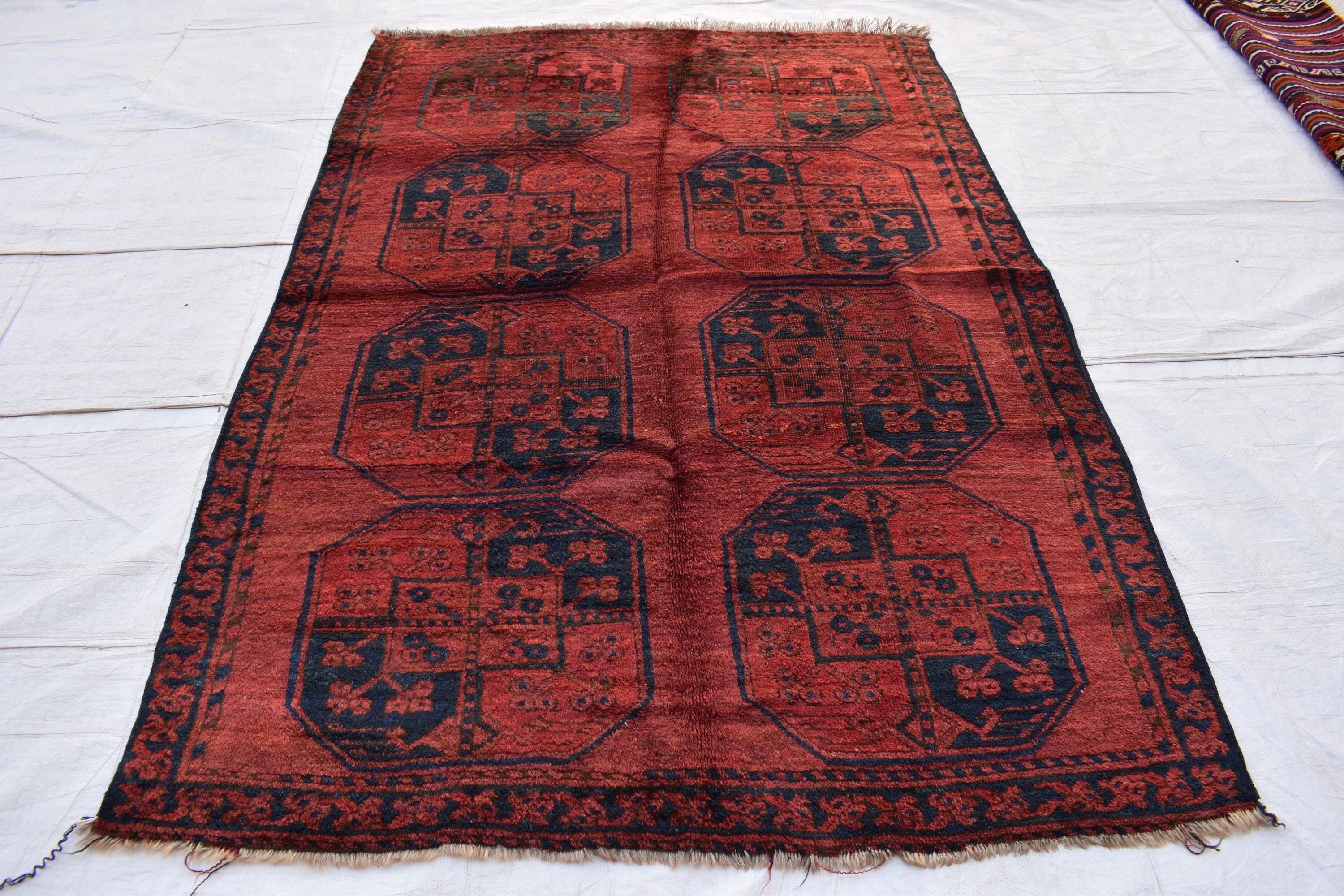 Antique 1920s Rug – Vintage Handmade Wool Carpet 6.4 x 4.4 ft | Authentic Afghan Tribal Decor, Bedroom Rug, Farm House Rug