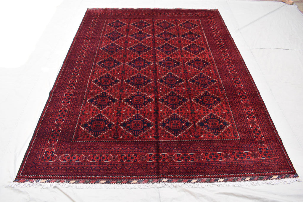 9x11 Red and Navy Blue Afghan Handmade Bukhara Rug - Geometric Design - Large Wool Area Carpet, Living Room, Dining Room Rug 11.3x8.10 ft