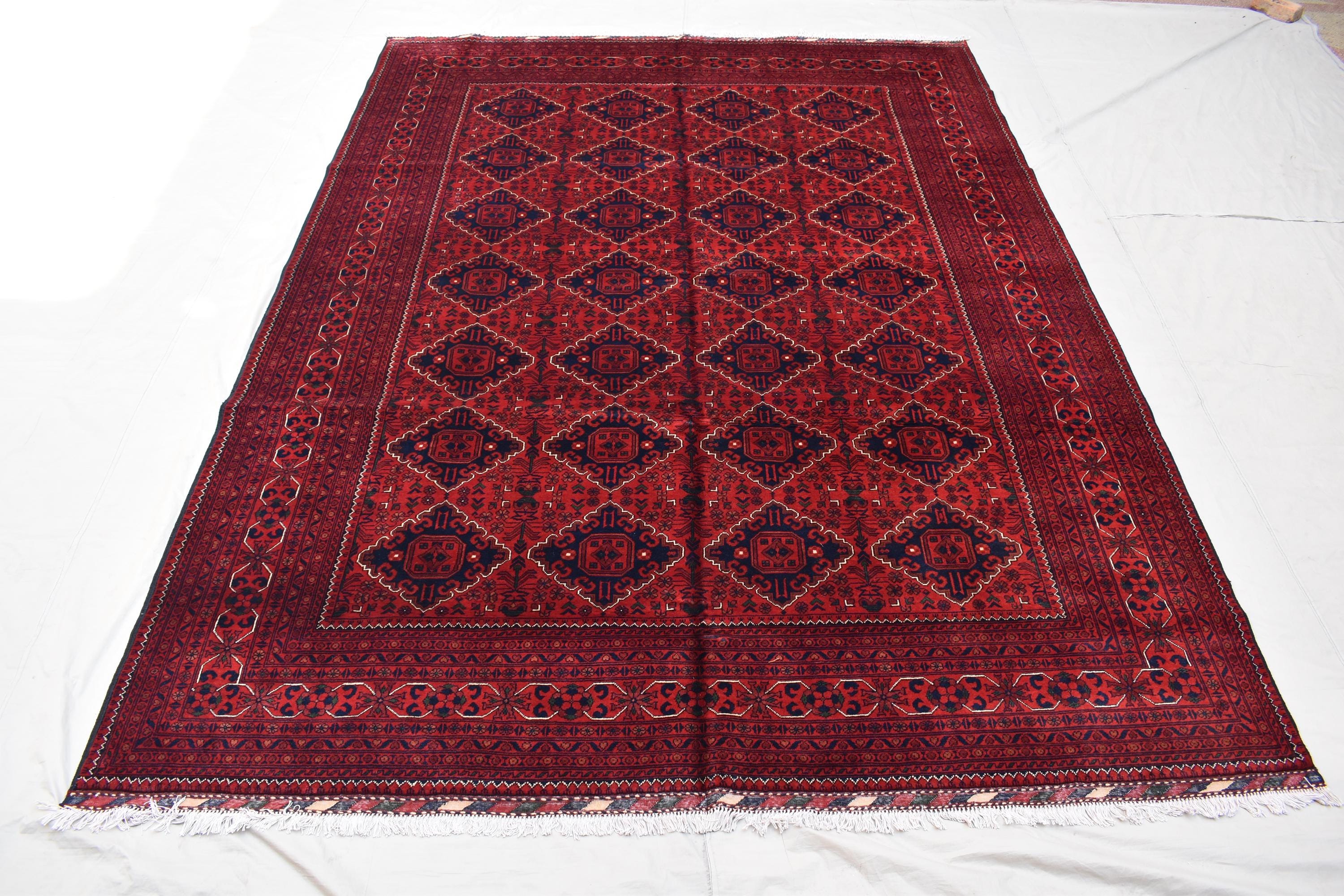 9x11 Red and Navy Blue Afghan Handmade Bukhara Rug - Geometric Design - Large Wool Area Carpet, Living Room, Dining Room Rug 11.3x8.10 ft