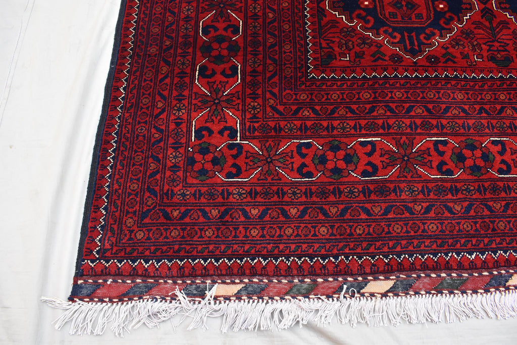 9x11 Red and Navy Blue Afghan Handmade Bukhara Rug - Geometric Design - Large Wool Area Carpet, Living Room, Dining Room Rug 11.3x8.10 ft