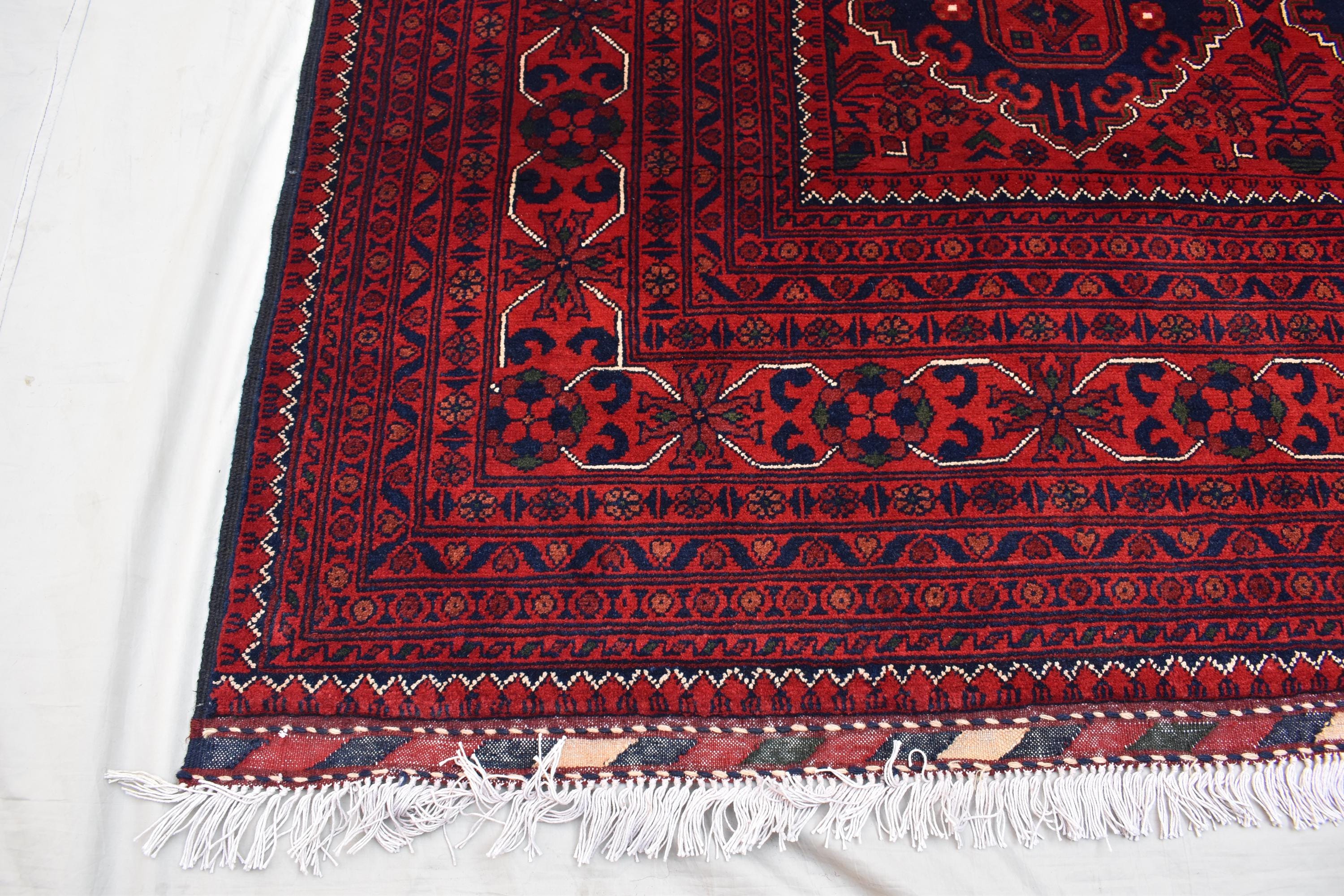 9x11 Red and Navy Blue Afghan Handmade Bukhara Rug - Geometric Design - Large Wool Area Carpet, Living Room, Dining Room Rug 11.3x8.10 ft