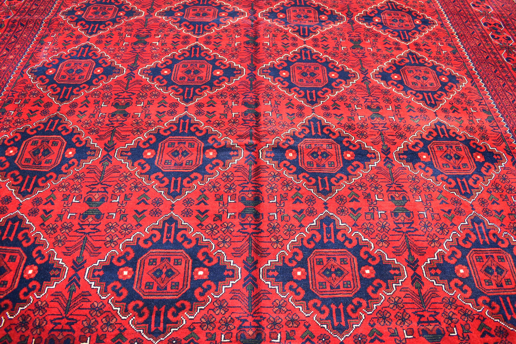 9x11 Red and Navy Blue Afghan Handmade Bukhara Rug - Geometric Design - Large Wool Area Carpet, Living Room, Dining Room Rug 11.3x8.10 ft