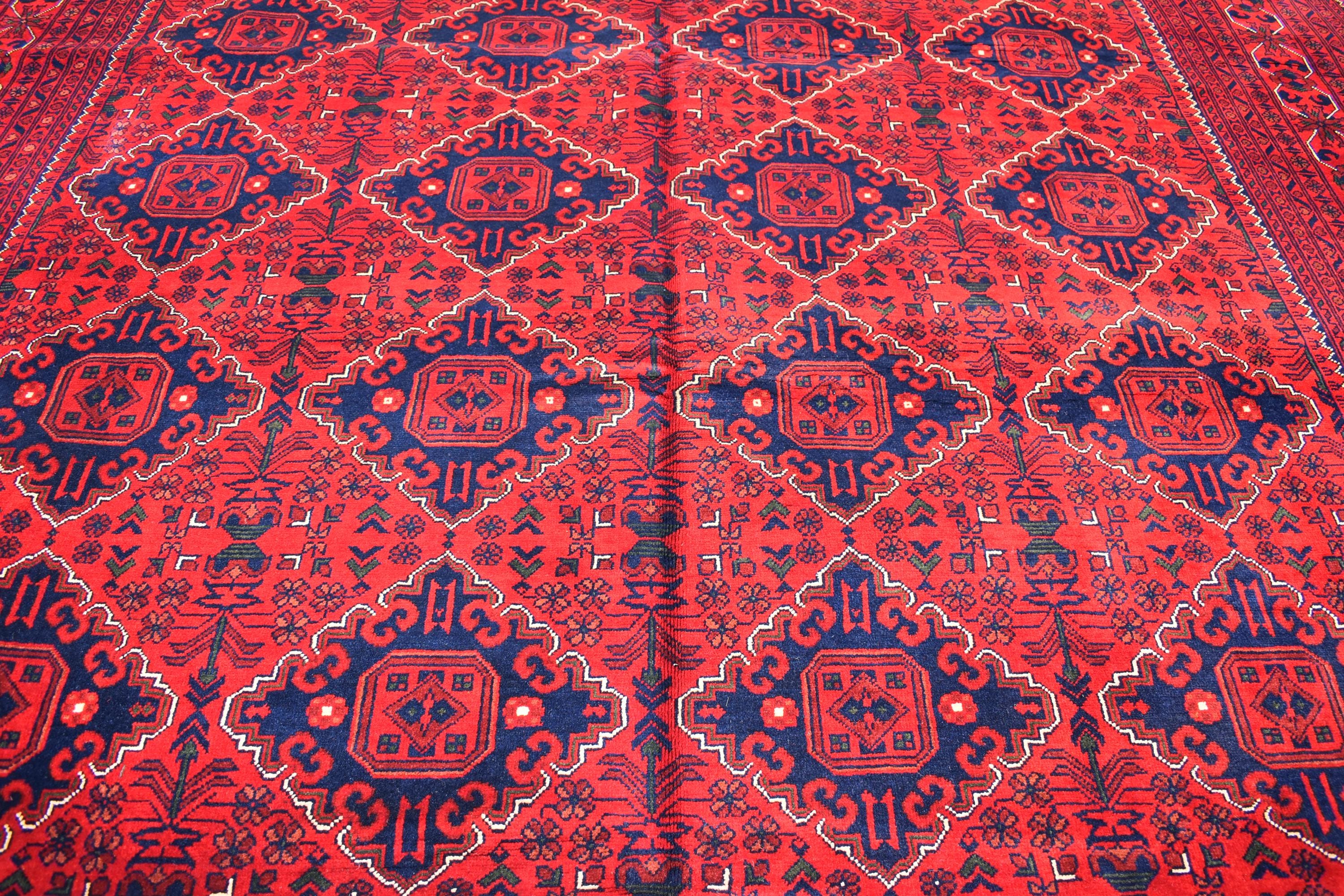 9x11 Red and Navy Blue Afghan Handmade Bukhara Rug - Geometric Design - Large Wool Area Carpet, Living Room, Dining Room Rug 11.3x8.10 ft