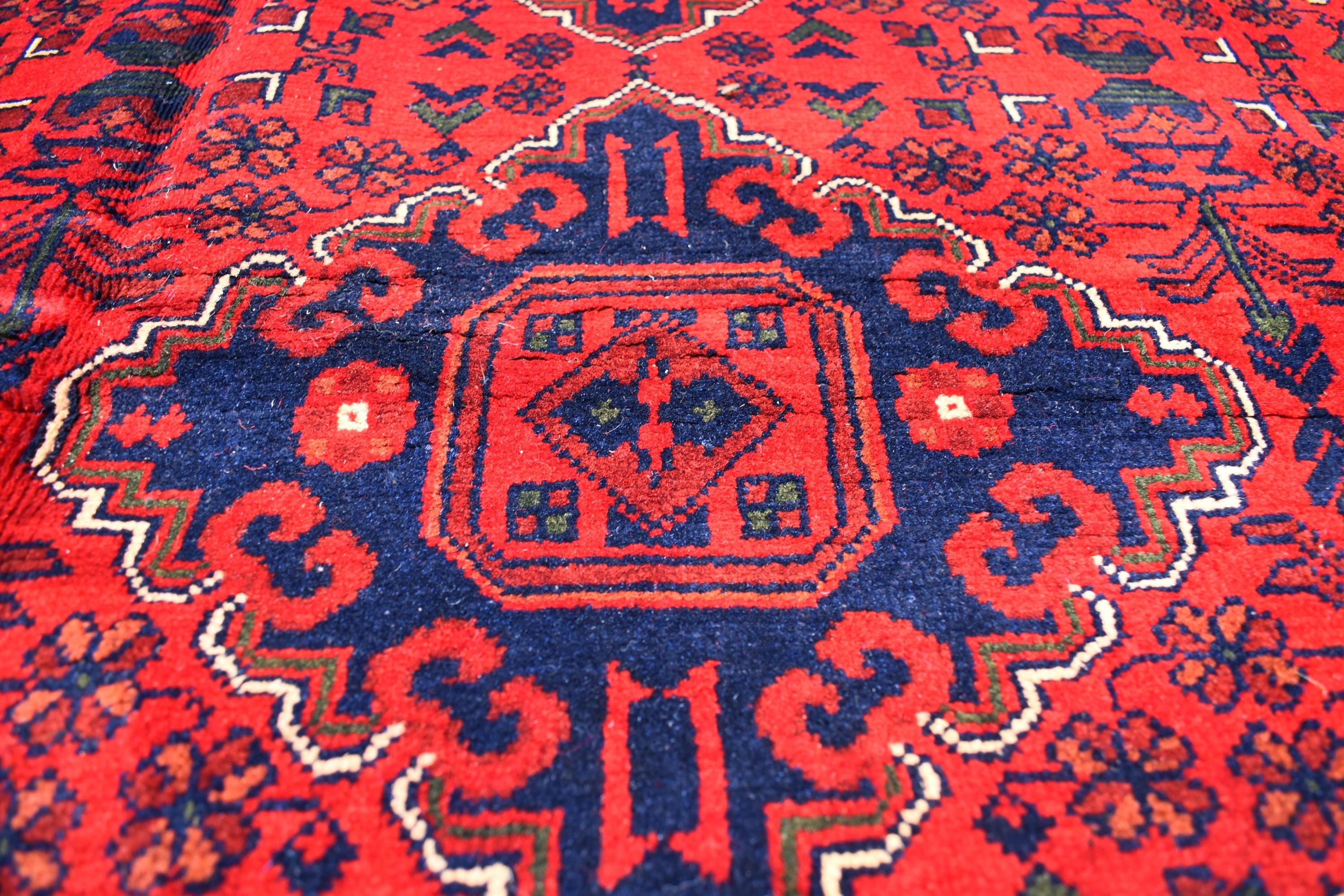 9x11 Red and Navy Blue Afghan Handmade Bukhara Rug - Geometric Design - Large Wool Area Carpet, Living Room, Dining Room Rug 11.3x8.10 ft