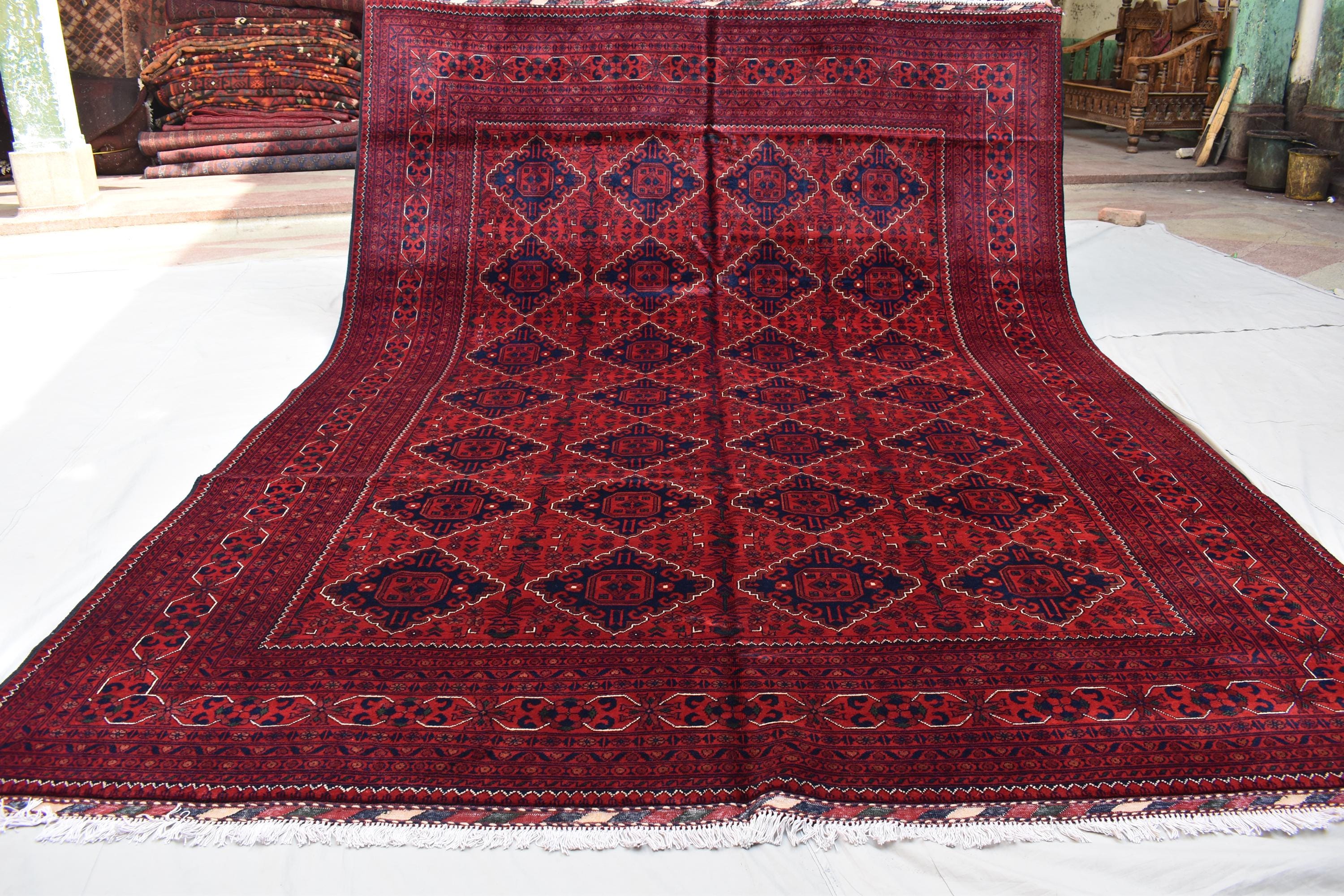 9x11 Red and Navy Blue Afghan Handmade Bukhara Rug - Geometric Design - Large Wool Area Carpet, Living Room, Dining Room Rug 11.3x8.10 ft