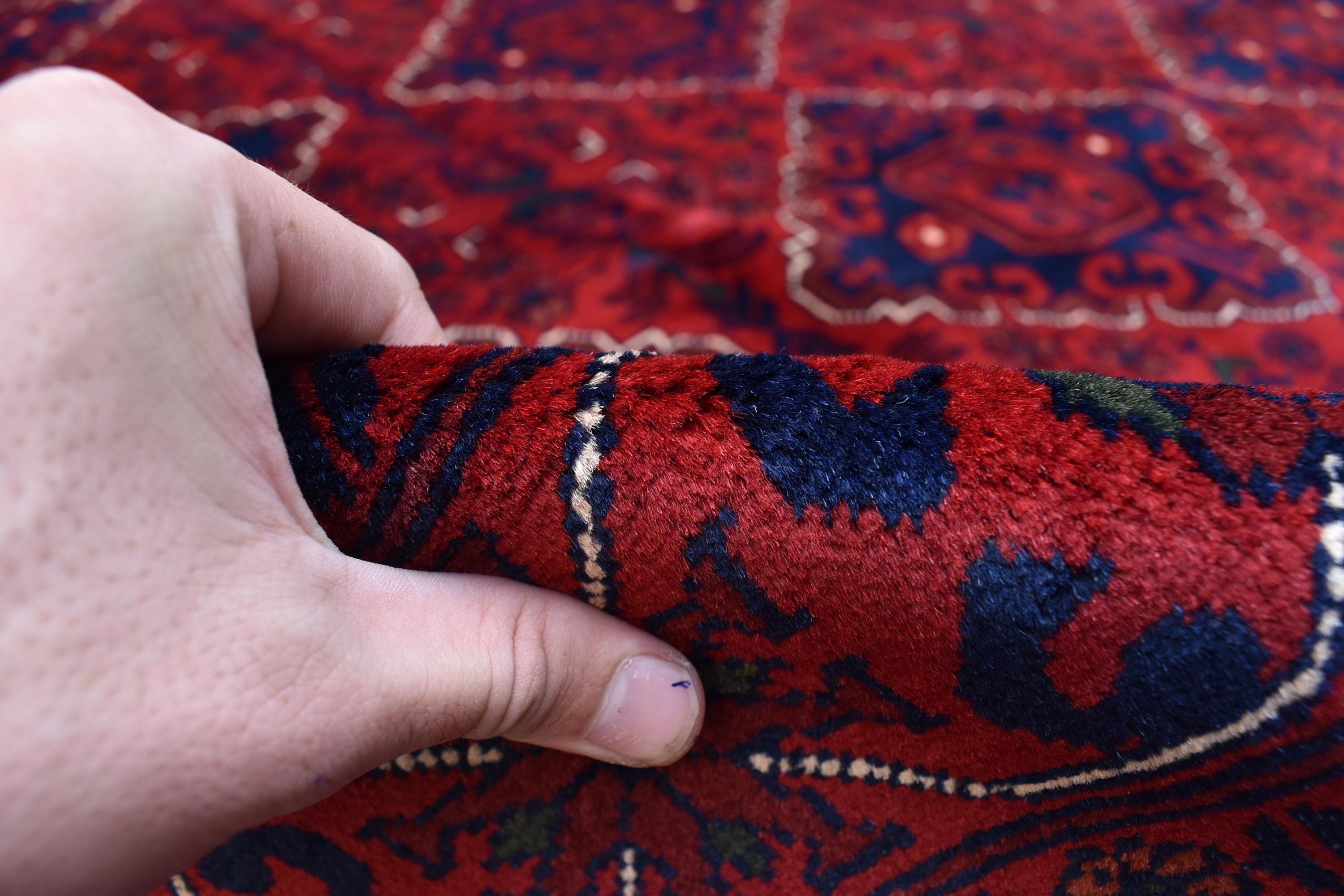 9x11 Red and Navy Blue Afghan Handmade Bukhara Rug - Geometric Design - Large Wool Area Carpet, Living Room, Dining Room Rug 11.3x8.10 ft