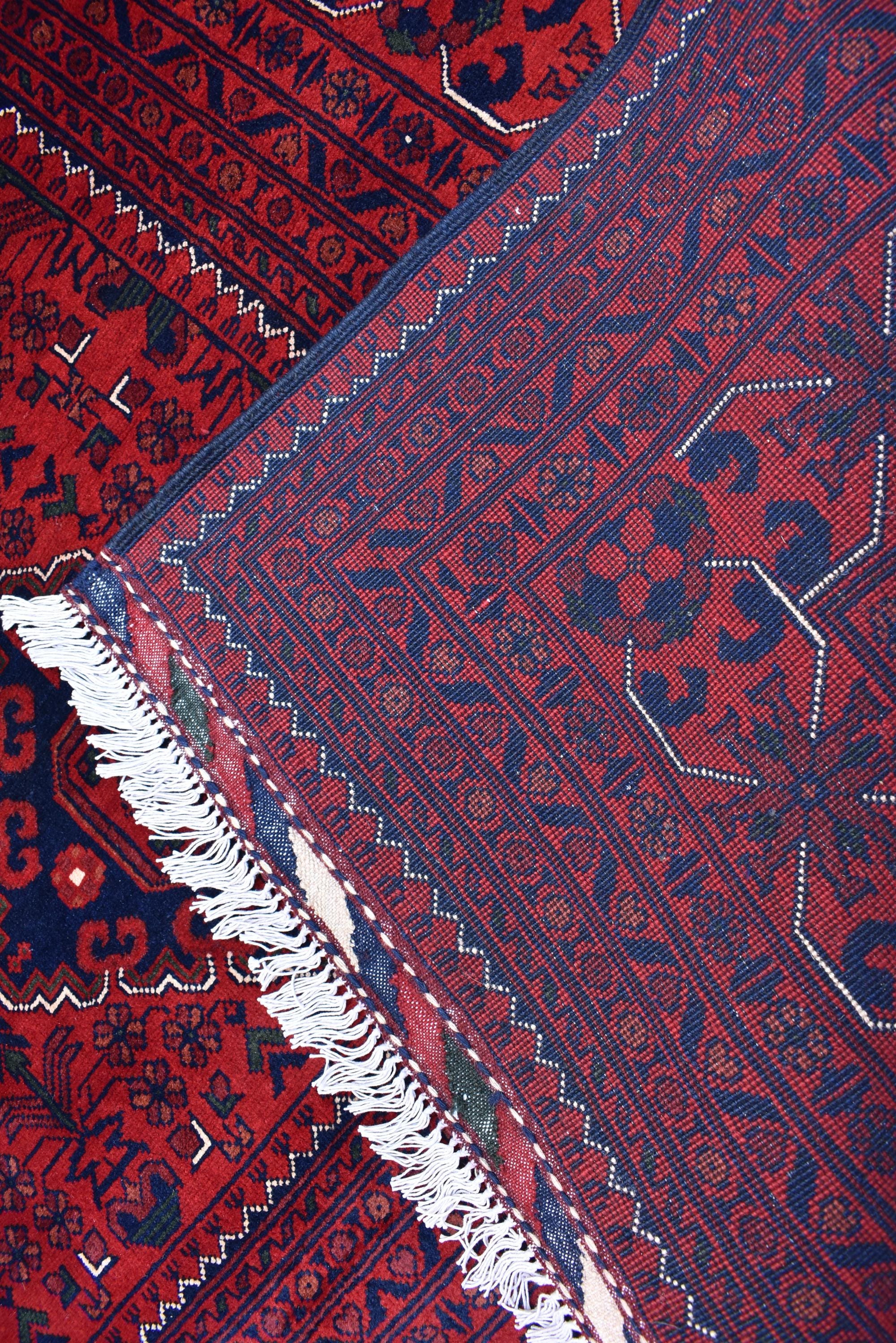 9x11 Red and Navy Blue Afghan Handmade Bukhara Rug - Geometric Design - Large Wool Area Carpet, Living Room, Dining Room Rug 11.3x8.10 ft