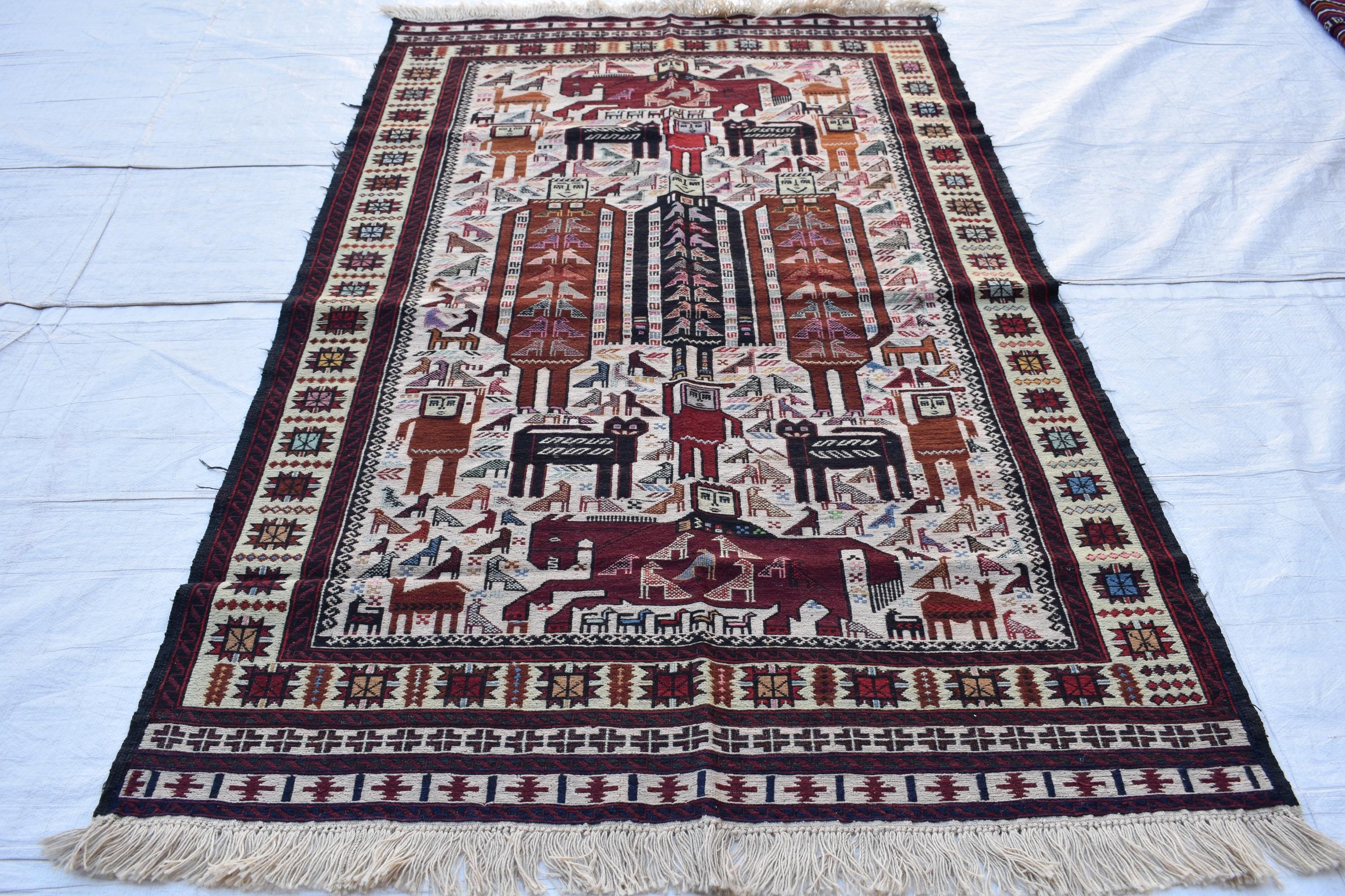 4x7 Antique 45-Year-Old Afghan War Rug -Handwoven Tribal Carpet, Collectible Rug, and Geometric Patterns, Wall Hanging Rug 6.5x3.11 ft