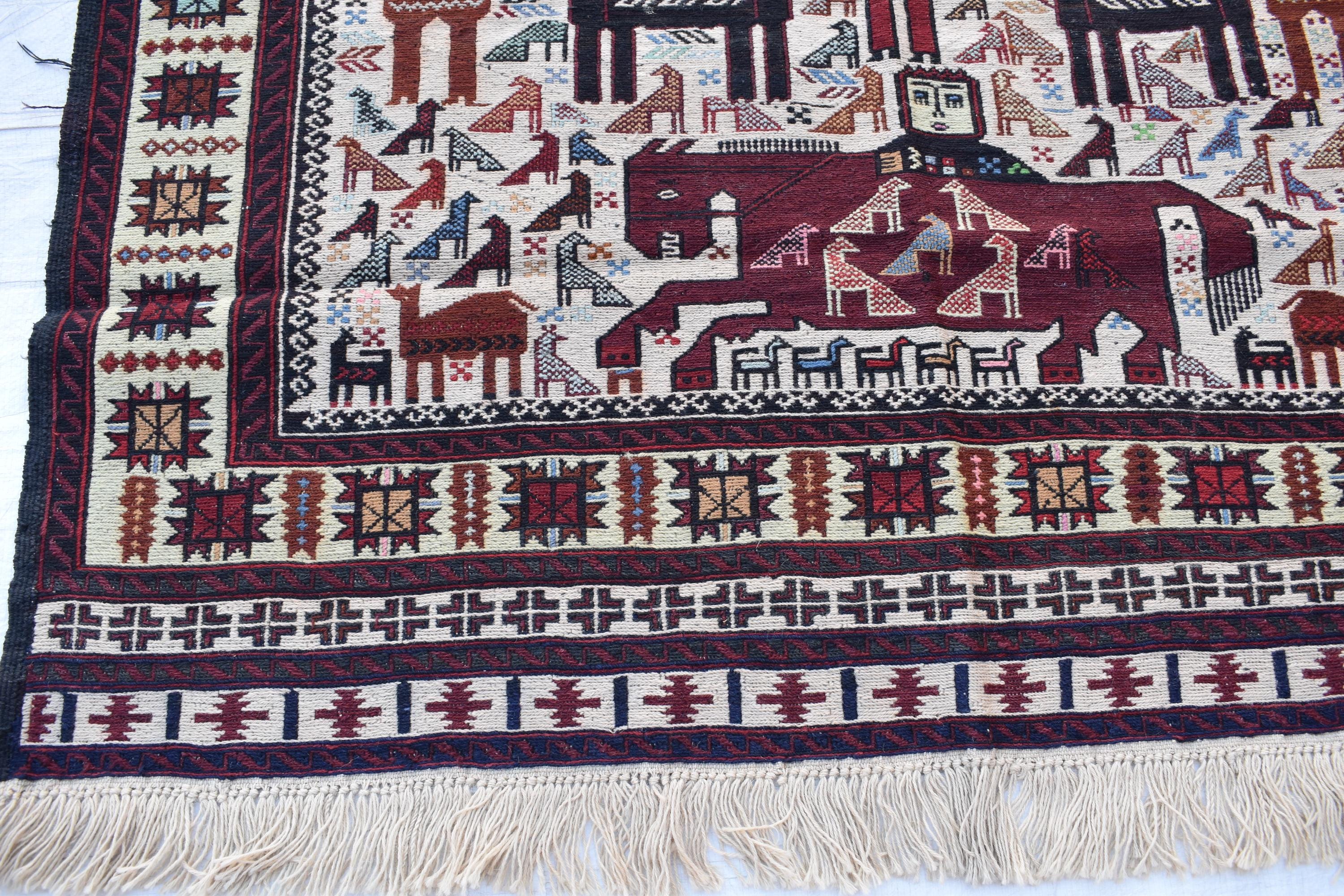 4x7 Antique 45-Year-Old Afghan War Rug -Handwoven Tribal Carpet, Collectible Rug, and Geometric Patterns, Wall Hanging Rug 6.5x3.11 ft