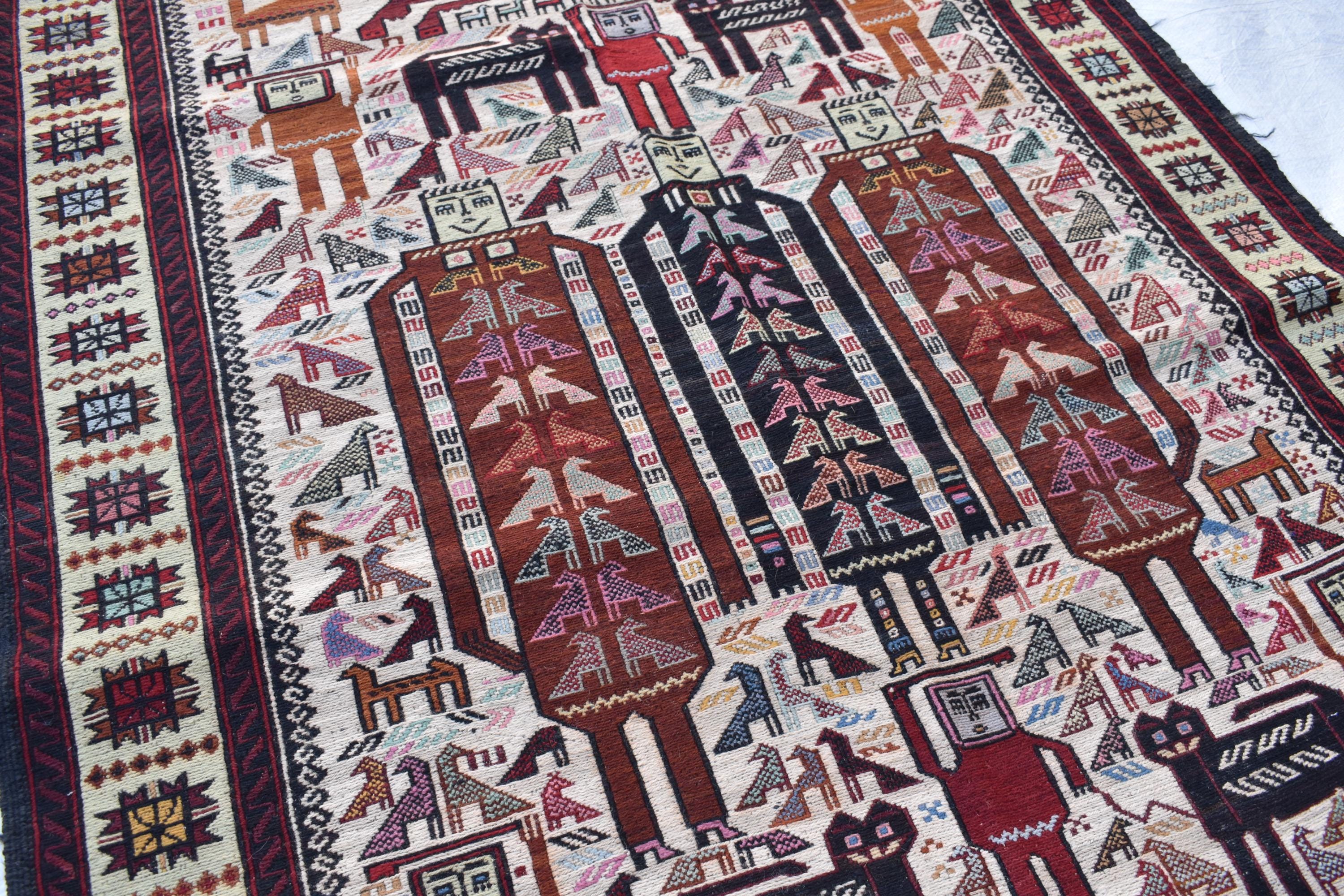 4x7 Antique 45-Year-Old Afghan War Rug -Handwoven Tribal Carpet, Collectible Rug, and Geometric Patterns, Wall Hanging Rug 6.5x3.11 ft