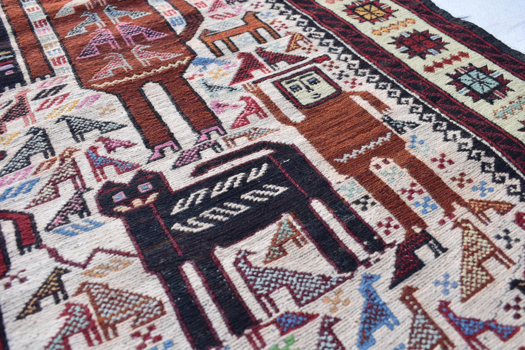 4x7 Antique 45-Year-Old Afghan War Rug -Handwoven Tribal Carpet, Collectible Rug, and Geometric Patterns, Wall Hanging Rug 6.5x3.11 ft