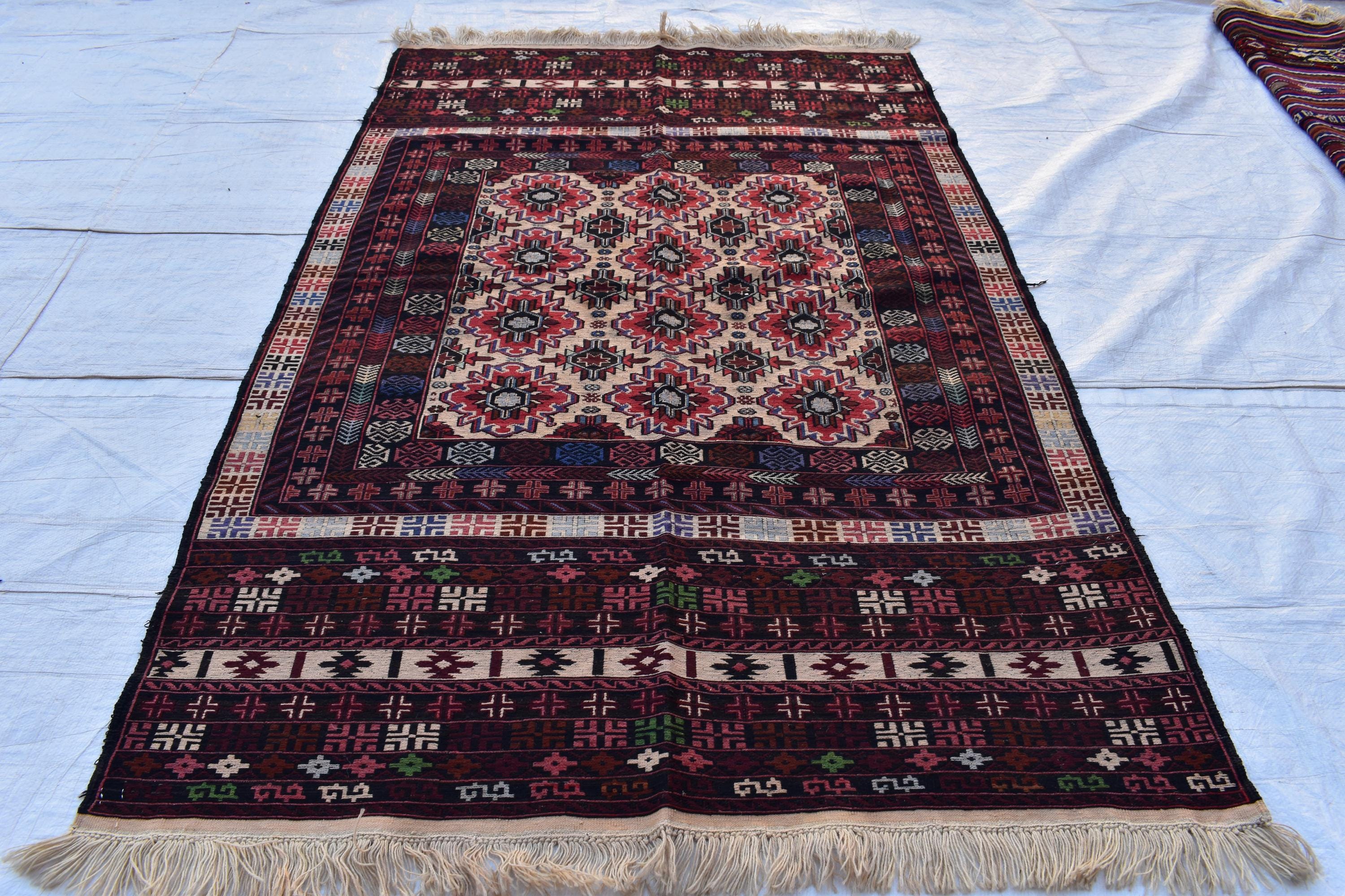 Vintage 50-Year-Old Kilim Rug - 6.8 x 4.2 ft Handwoven Afghan Wool Carpet with Geometric Patterns, Living Room Rug, Wall Hanging Rug