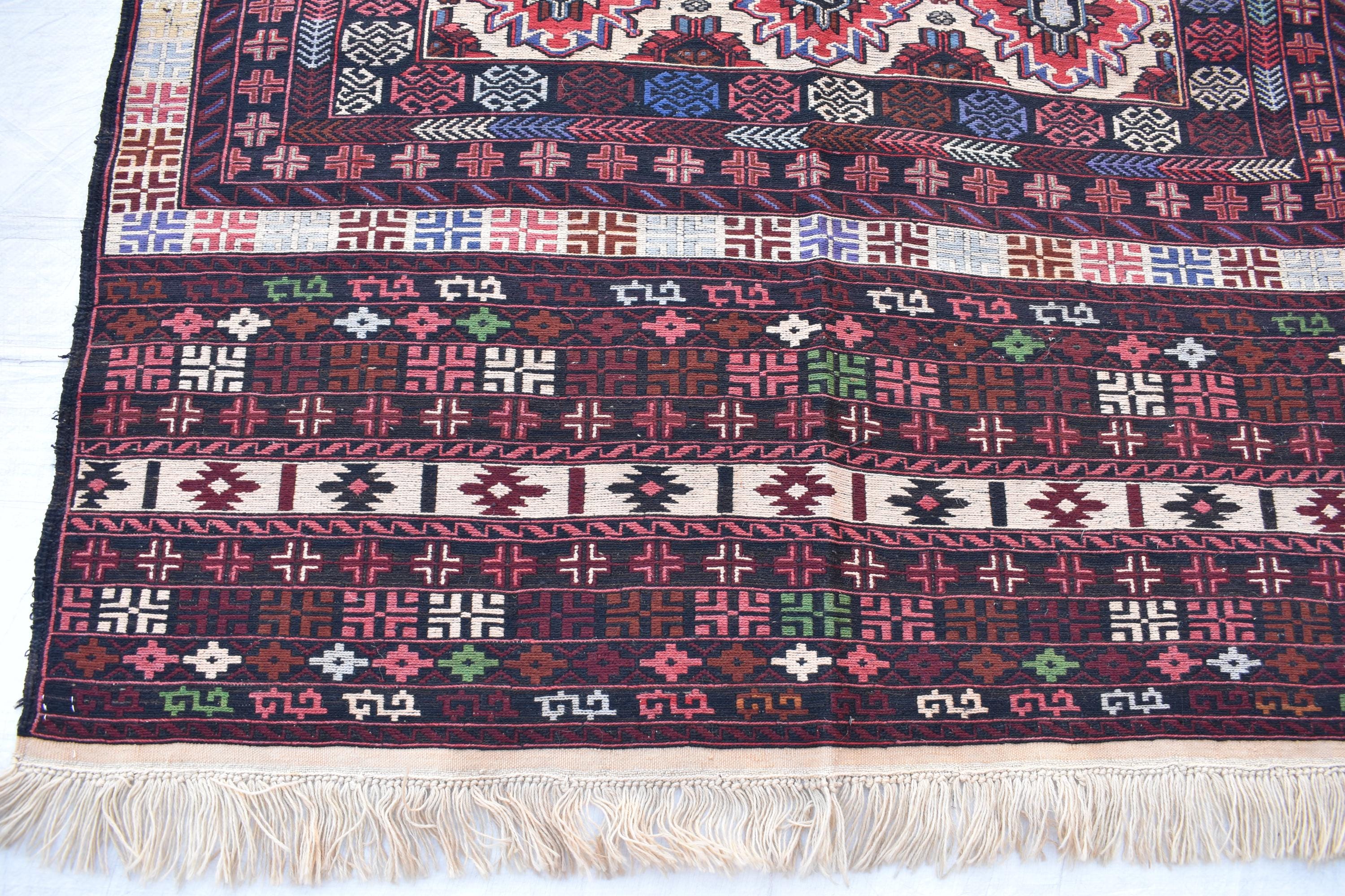 Vintage 50-Year-Old Kilim Rug - 6.8 x 4.2 ft Handwoven Afghan Wool Carpet with Geometric Patterns, Living Room Rug, Wall Hanging Rug