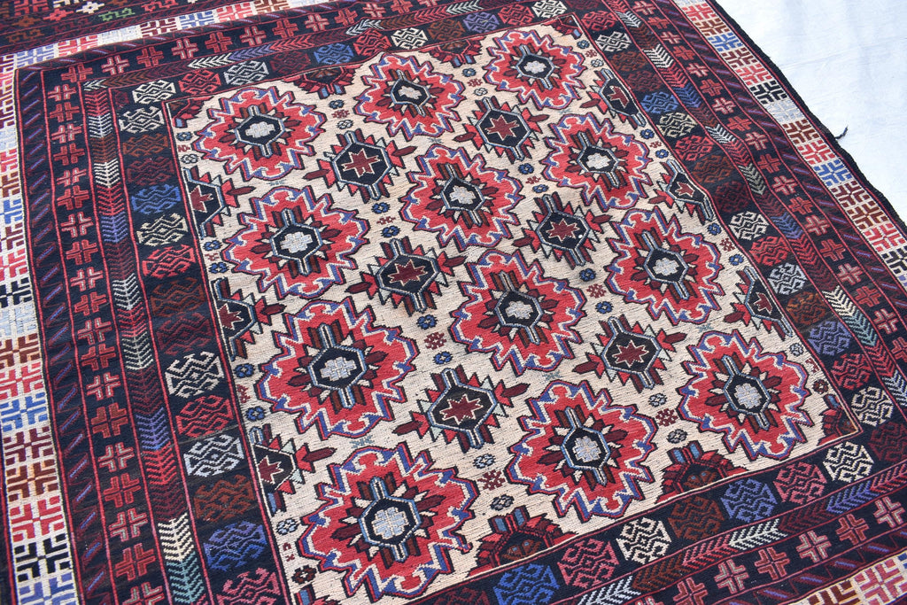 Vintage 50-Year-Old Kilim Rug - 6.8 x 4.2 ft Handwoven Afghan Wool Carpet with Geometric Patterns, Living Room Rug, Wall Hanging Rug