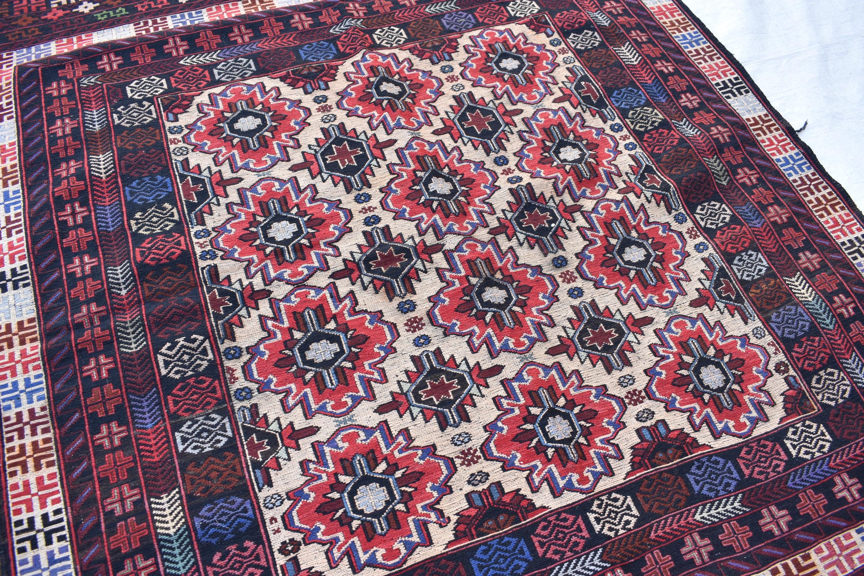 Vintage 50-Year-Old Kilim Rug - 6.8 x 4.2 ft Handwoven Afghan Wool Carpet with Geometric Patterns, Living Room Rug, Wall Hanging Rug