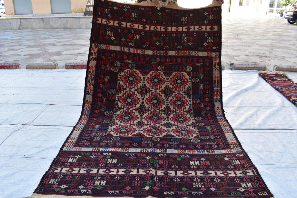 Vintage 50-Year-Old Kilim Rug - 6.8 x 4.2 ft Handwoven Afghan Wool Carpet with Geometric Patterns, Living Room Rug, Wall Hanging Rug