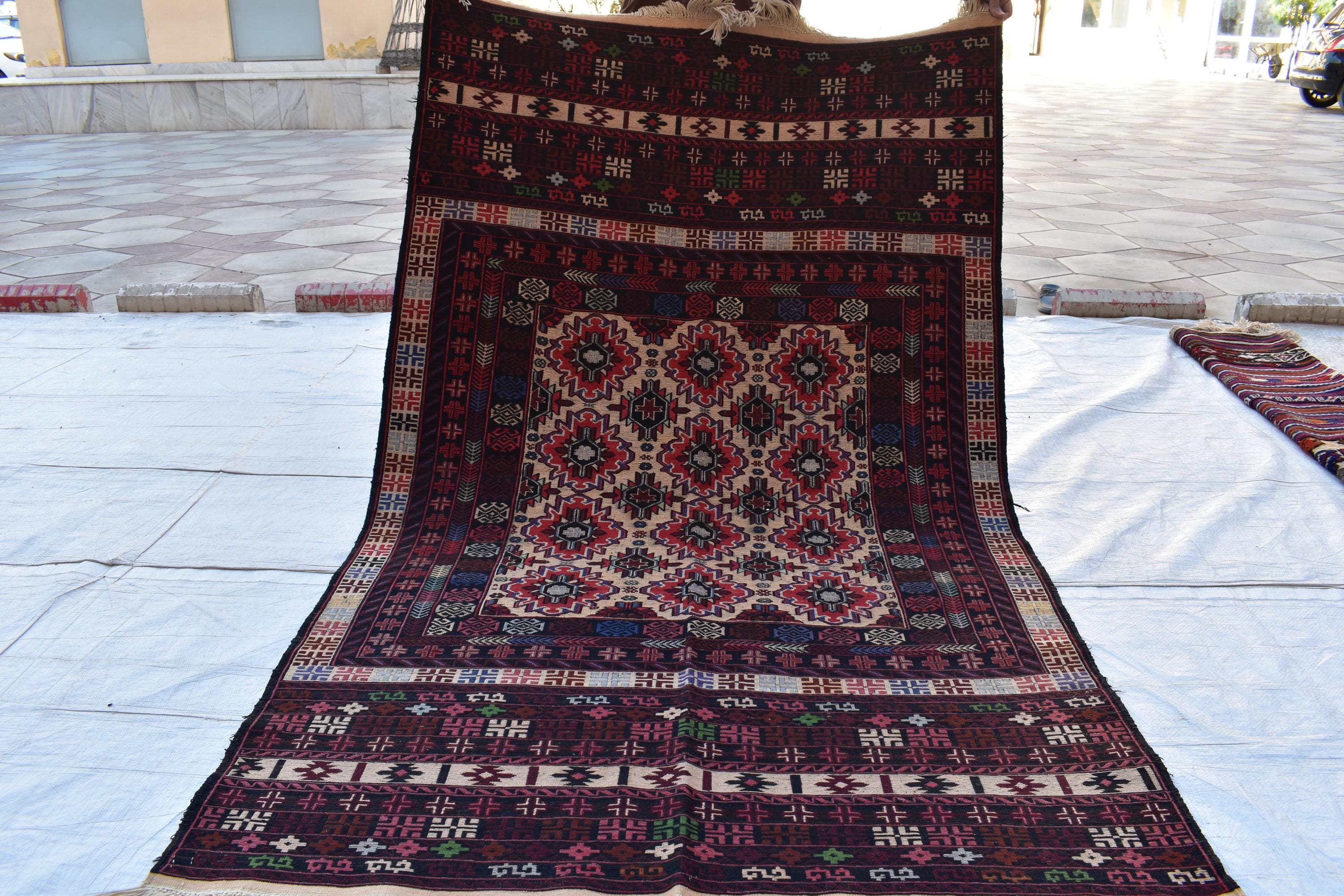 Vintage 50-Year-Old Kilim Rug - 6.8 x 4.2 ft Handwoven Afghan Wool Carpet with Geometric Patterns, Living Room Rug, Wall Hanging Rug