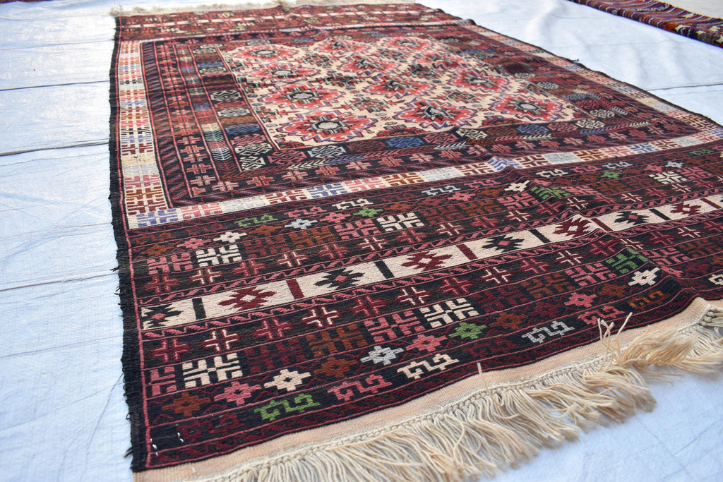 Vintage 50-Year-Old Kilim Rug - 6.8 x 4.2 ft Handwoven Afghan Wool Carpet with Geometric Patterns, Living Room Rug, Wall Hanging Rug