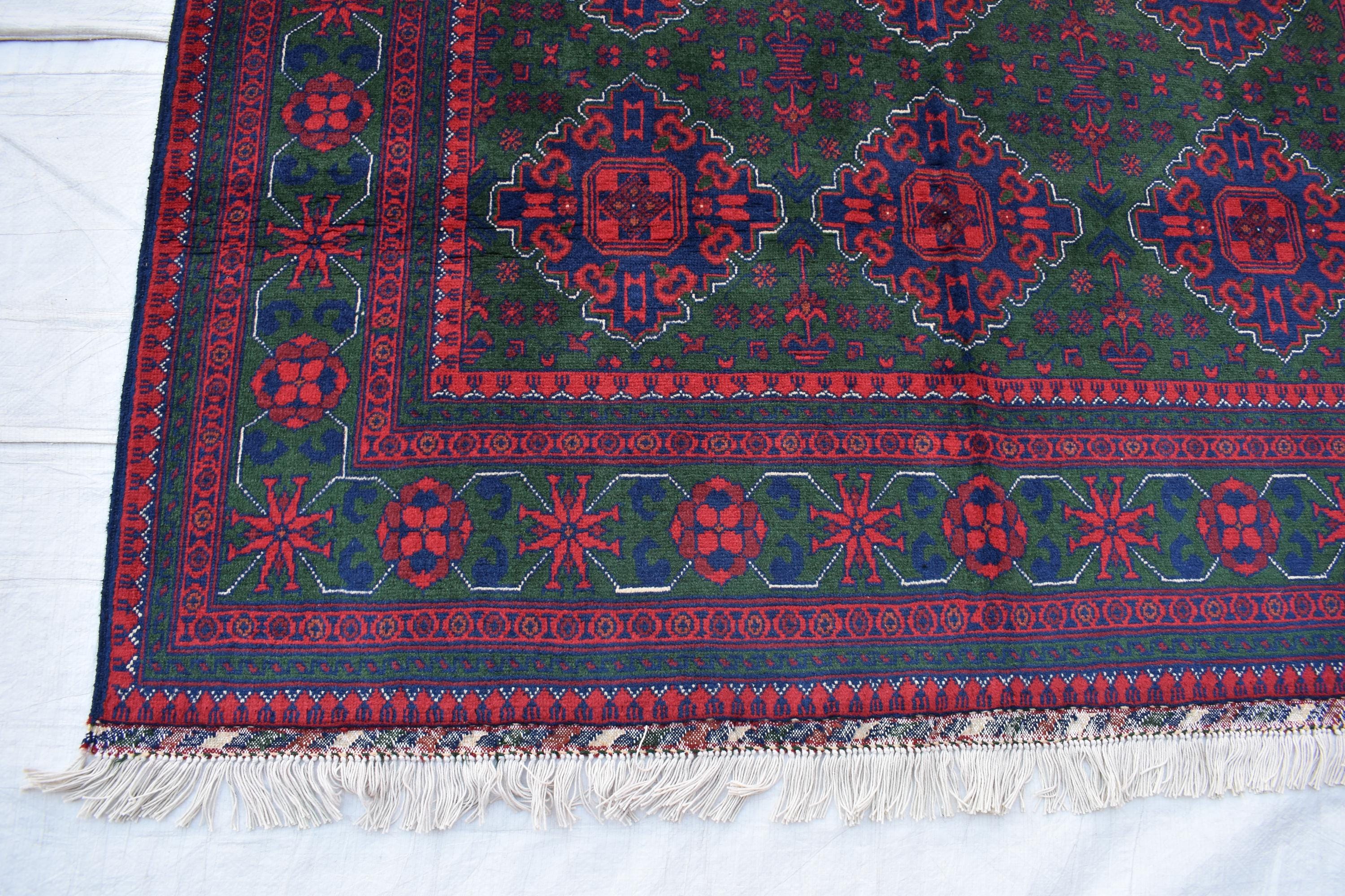 5x7 Authentic Bukhara Khal Mohammadi Rug-Handwoven Afghan Wool Carpet- Rich Red Green Tones, Geometric Patterns, Living Room Rug 6.10x5.1 ft