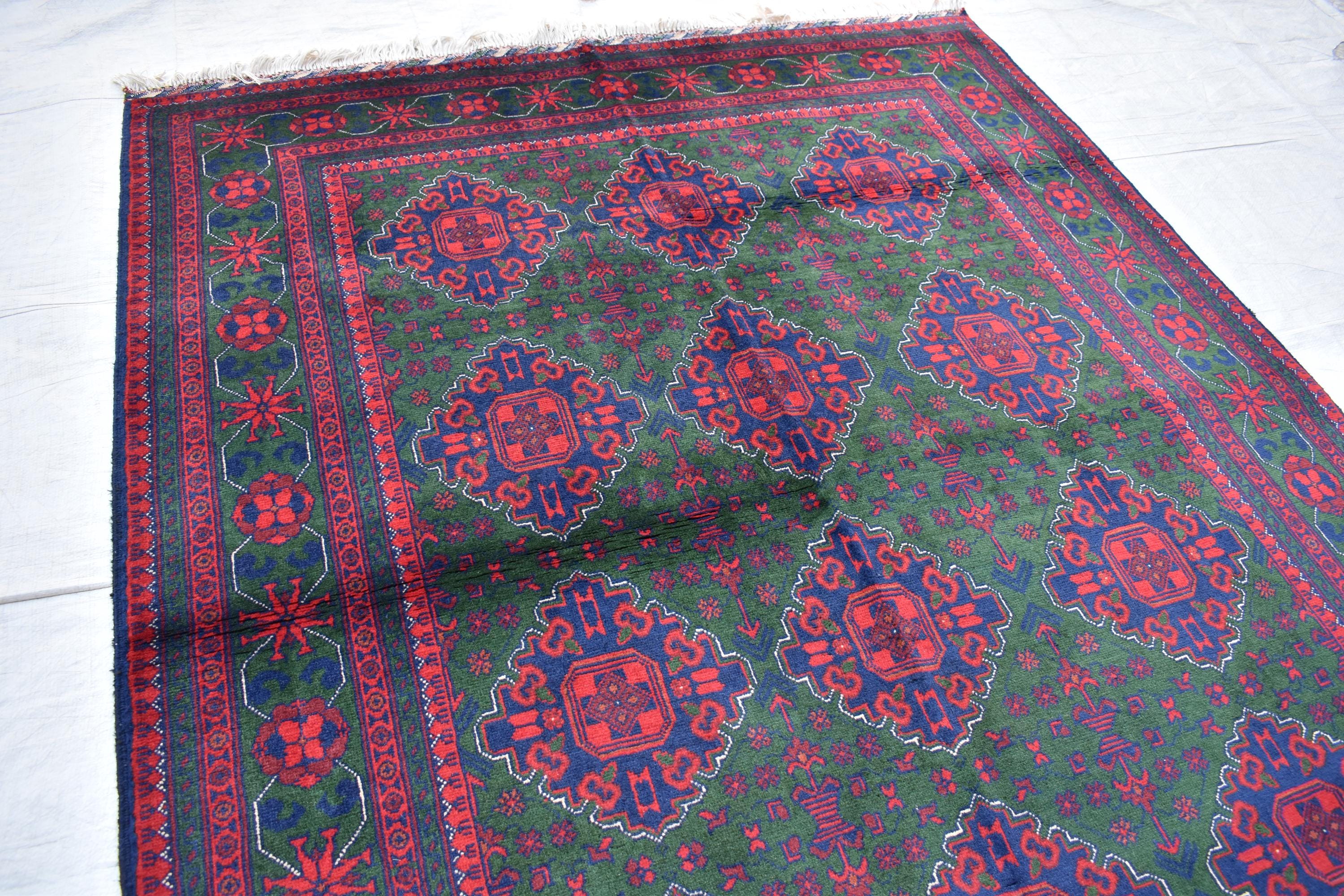5x7 Authentic Bukhara Khal Mohammadi Rug-Handwoven Afghan Wool Carpet- Rich Red Green Tones, Geometric Patterns, Living Room Rug 6.10x5.1 ft