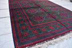 5x7 Authentic Bukhara Khal Mohammadi Rug-Handwoven Afghan Wool Carpet- Rich Red Green Tones, Geometric Patterns, Living Room Rug 6.10x5.1 ft