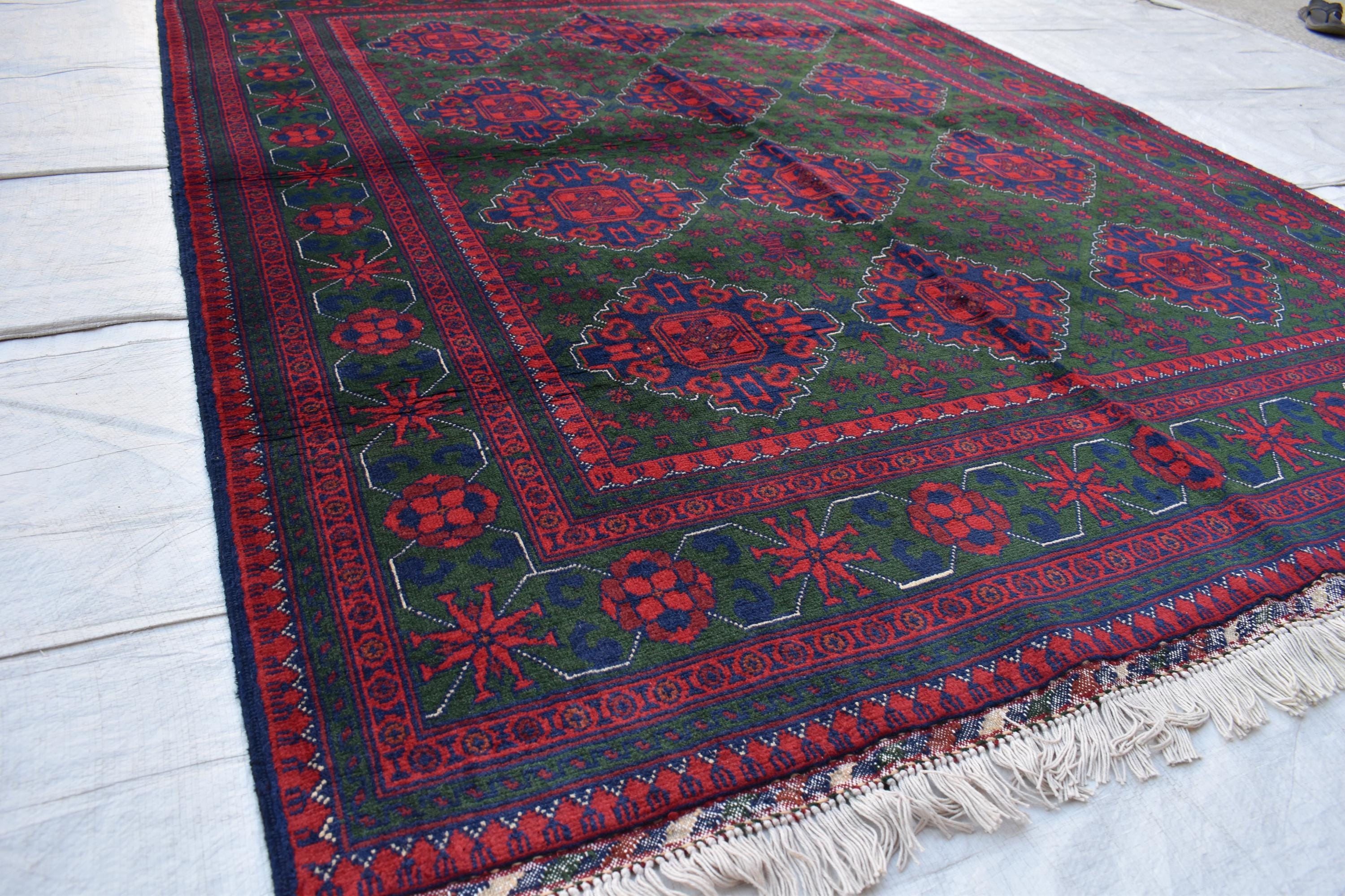 5x7 Authentic Bukhara Khal Mohammadi Rug-Handwoven Afghan Wool Carpet- Rich Red Green Tones, Geometric Patterns, Living Room Rug 6.10x5.1 ft