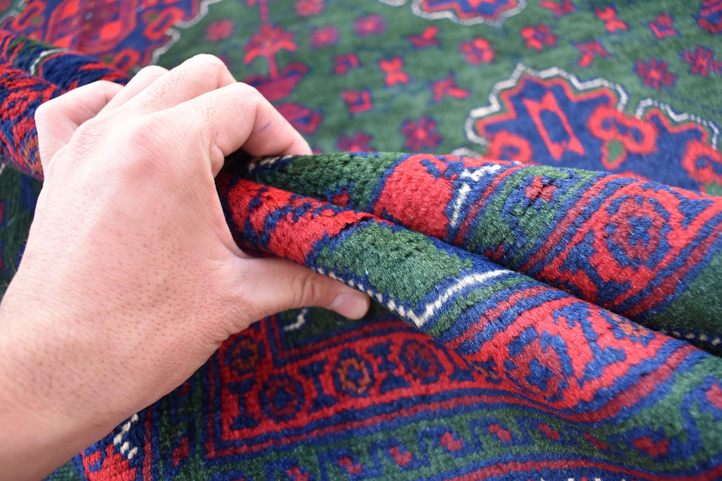 5x7 Authentic Bukhara Khal Mohammadi Rug-Handwoven Afghan Wool Carpet- Rich Red Green Tones, Geometric Patterns, Living Room Rug 6.10x5.1 ft