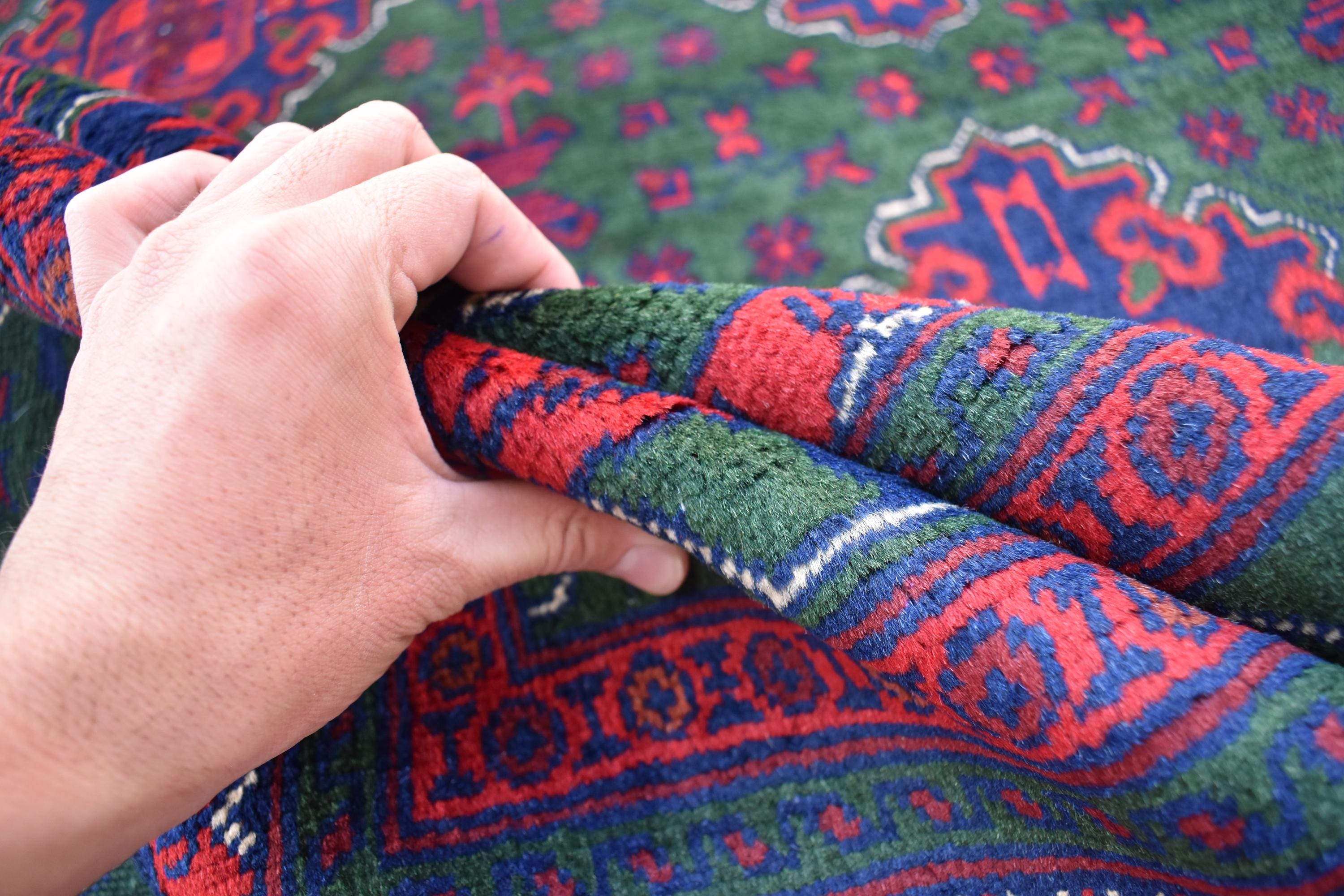 5x7 Authentic Bukhara Khal Mohammadi Rug-Handwoven Afghan Wool Carpet- Rich Red Green Tones, Geometric Patterns, Living Room Rug 6.10x5.1 ft