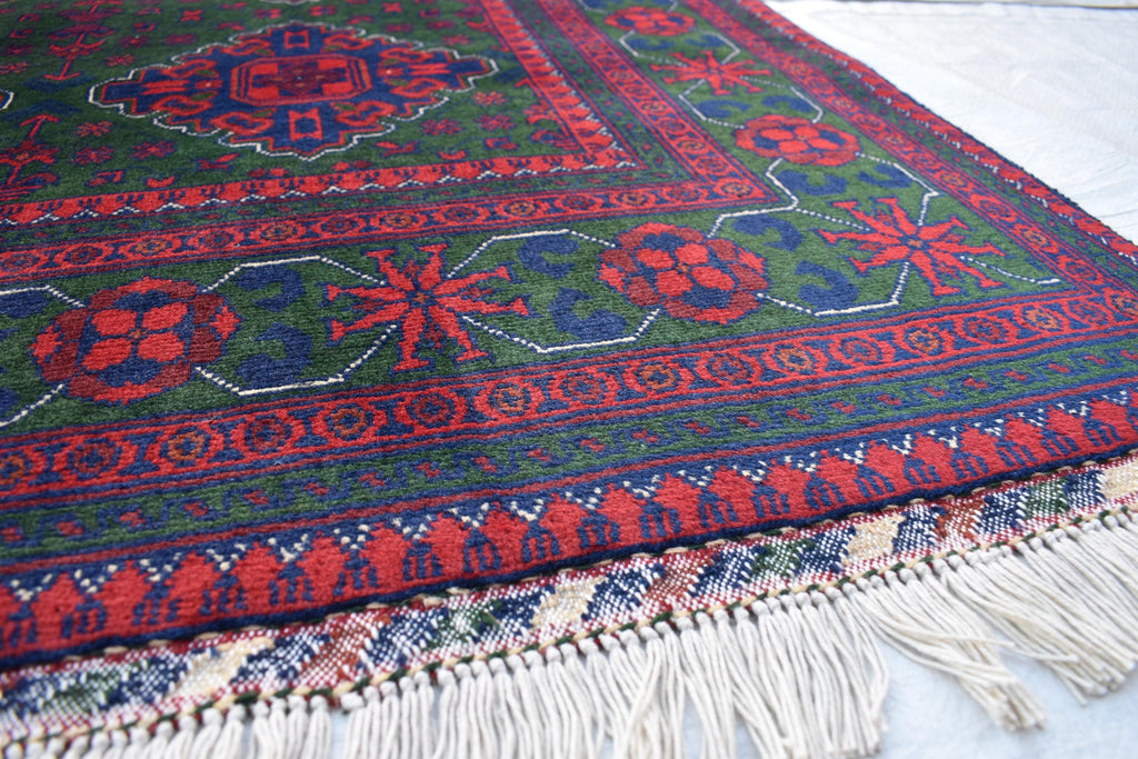 5x7 Authentic Bukhara Khal Mohammadi Rug-Handwoven Afghan Wool Carpet- Rich Red Green Tones, Geometric Patterns, Living Room Rug 6.10x5.1 ft