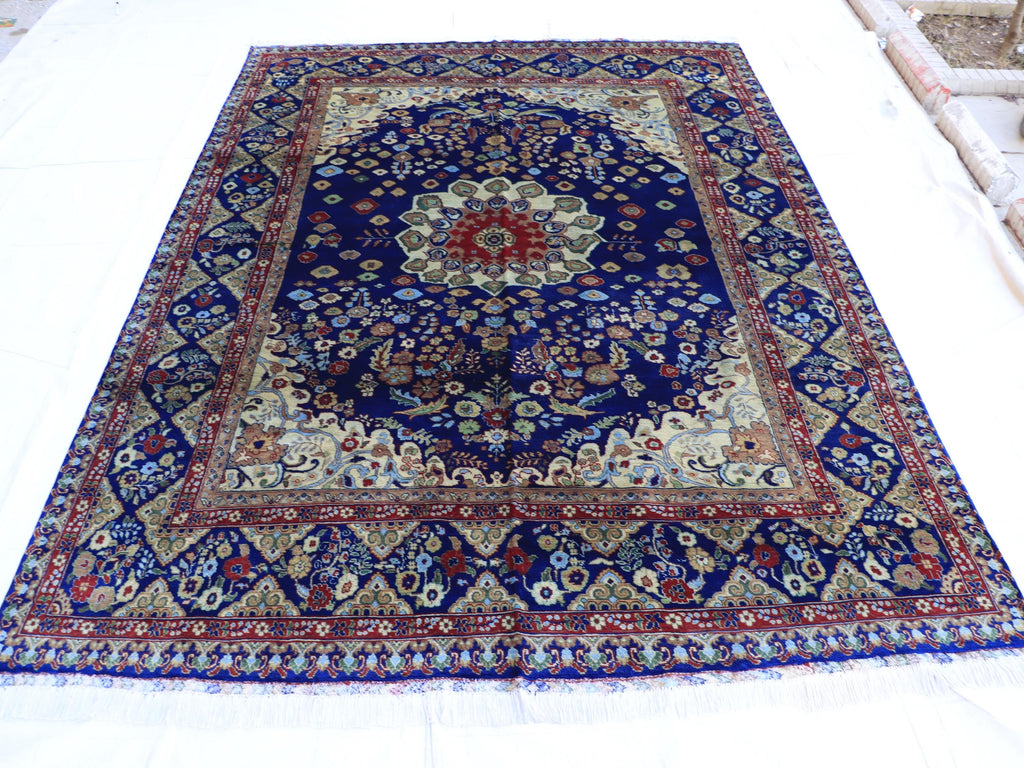 7x10 Navy Blue and Ivory Tones Tabriz Afghan Rug–Hand-Knotted Wool Carpet, Traditional Medallion Design, Living Room Rug 9.5x6.7 ft