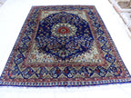 7x10 Navy Blue and Ivory Tones Tabriz Afghan Rug–Hand-Knotted Wool Carpet, Traditional Medallion Design, Living Room Rug 9.5x6.7 ft