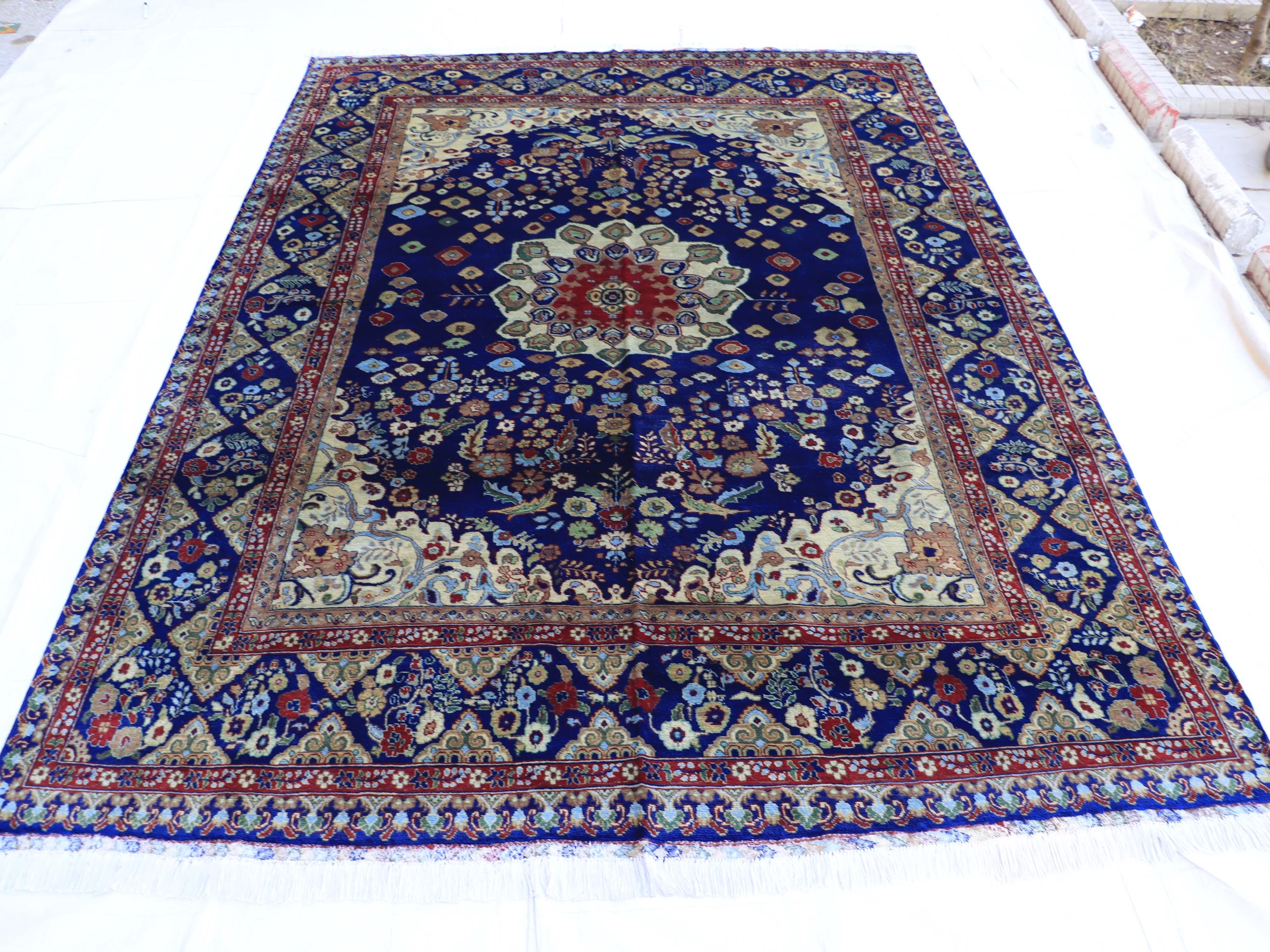 7x10 Navy Blue and Ivory Tones Tabriz Afghan Rug–Hand-Knotted Wool Carpet, Traditional Medallion Design, Living Room Rug 9.5x6.7 ft