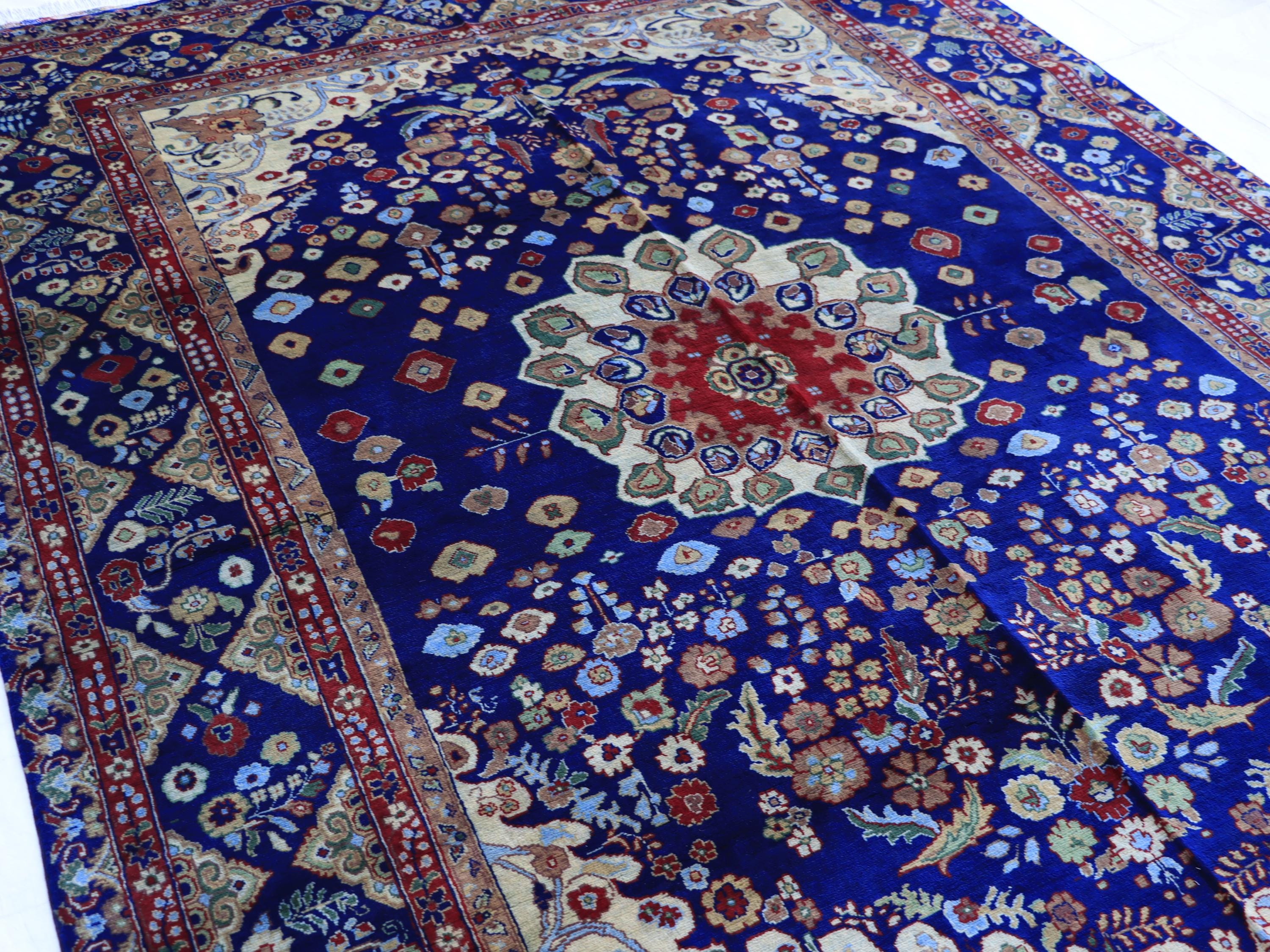 7x10 Navy Blue and Ivory Tones Tabriz Afghan Rug–Hand-Knotted Wool Carpet, Traditional Medallion Design, Living Room Rug 9.5x6.7 ft