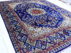7x10 Navy Blue and Ivory Tones Tabriz Afghan Rug–Hand-Knotted Wool Carpet, Traditional Medallion Design, Living Room Rug 9.5x6.7 ft