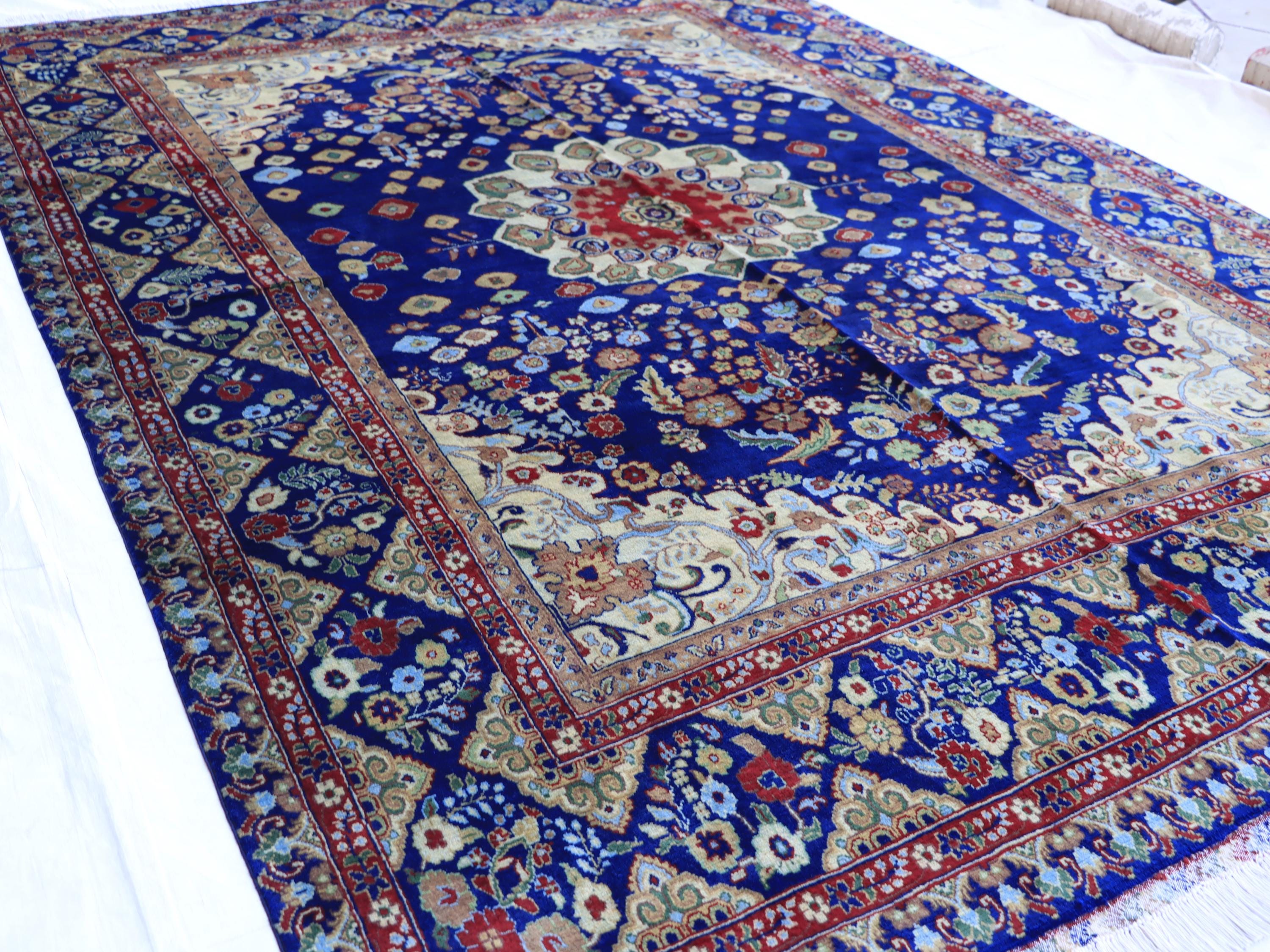 7x10 Navy Blue and Ivory Tones Tabriz Afghan Rug–Hand-Knotted Wool Carpet, Traditional Medallion Design, Living Room Rug 9.5x6.7 ft