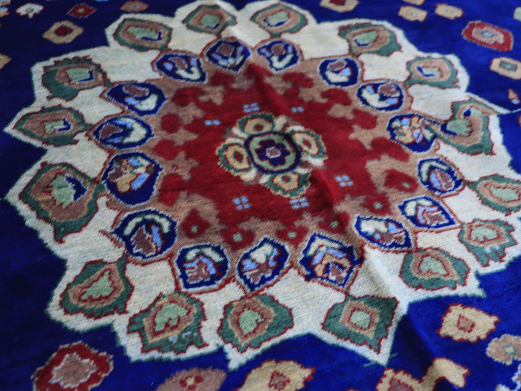 7x10 Navy Blue and Ivory Tones Tabriz Afghan Rug–Hand-Knotted Wool Carpet, Traditional Medallion Design, Living Room Rug 9.5x6.7 ft
