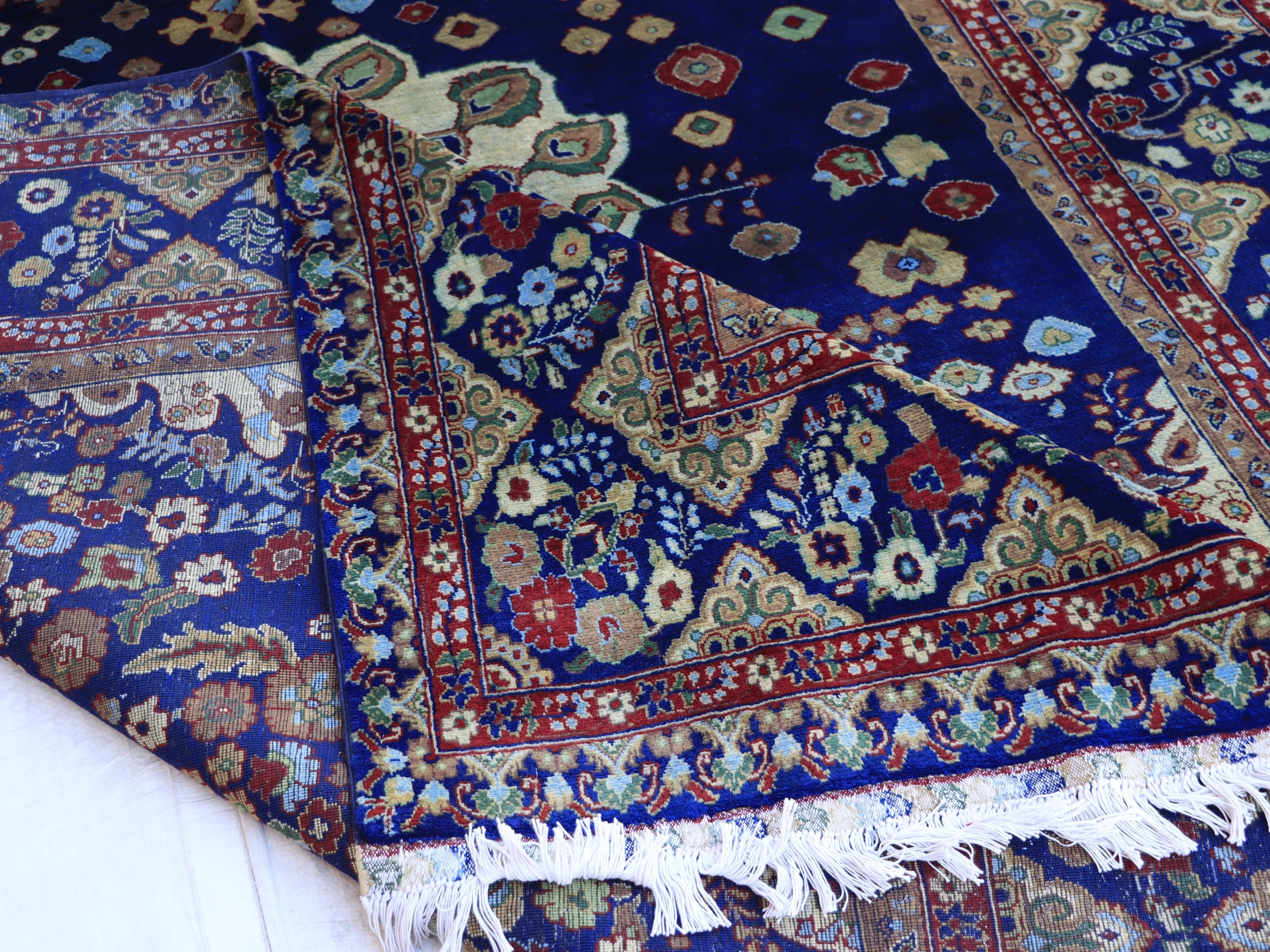 7x10 Navy Blue and Ivory Tones Tabriz Afghan Rug–Hand-Knotted Wool Carpet, Traditional Medallion Design, Living Room Rug 9.5x6.7 ft