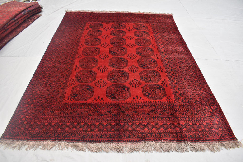 Vintage Afghan Pie Rug - Handmade 9.2x6.6 ft Wool Carpet, Tribal Red Oriental Area Rug, Bohemian Home Decor, Farm House Rug, Bedroom Rug