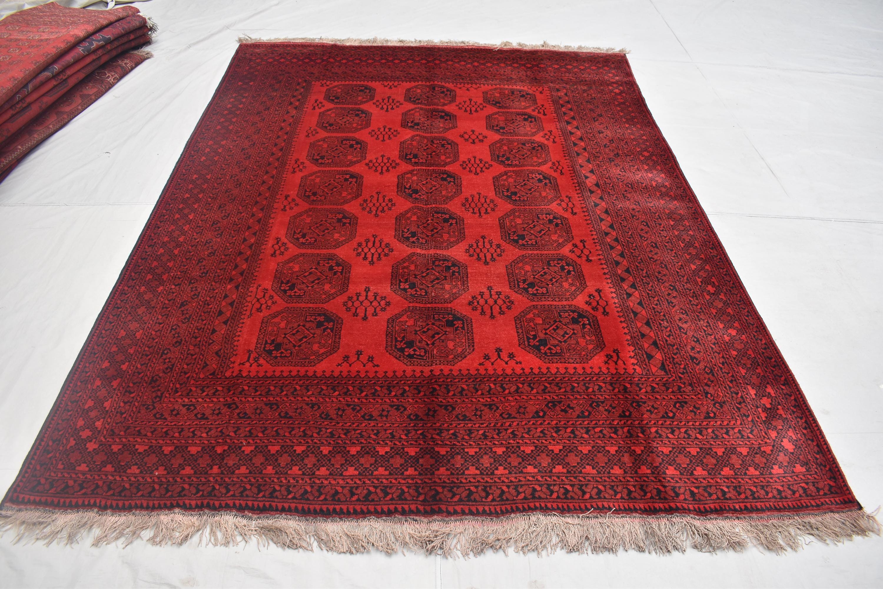 Vintage Afghan Pie Rug - Handmade 9.2x6.6 ft Wool Carpet, Tribal Red Oriental Area Rug, Bohemian Home Decor, Farm House Rug, Bedroom Rug