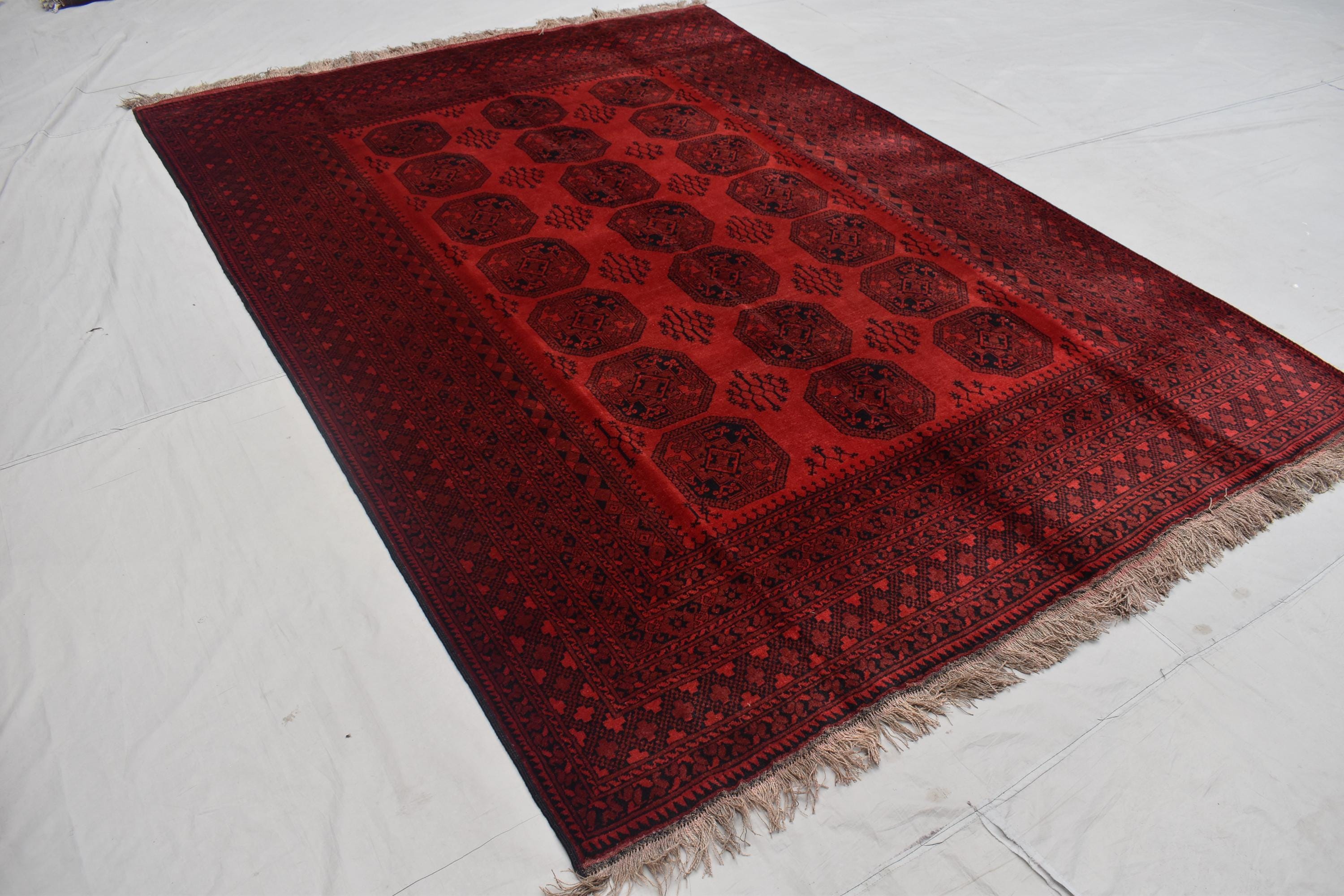 Vintage Afghan Pie Rug - Handmade 9.2x6.6 ft Wool Carpet, Tribal Red Oriental Area Rug, Bohemian Home Decor, Farm House Rug, Bedroom Rug