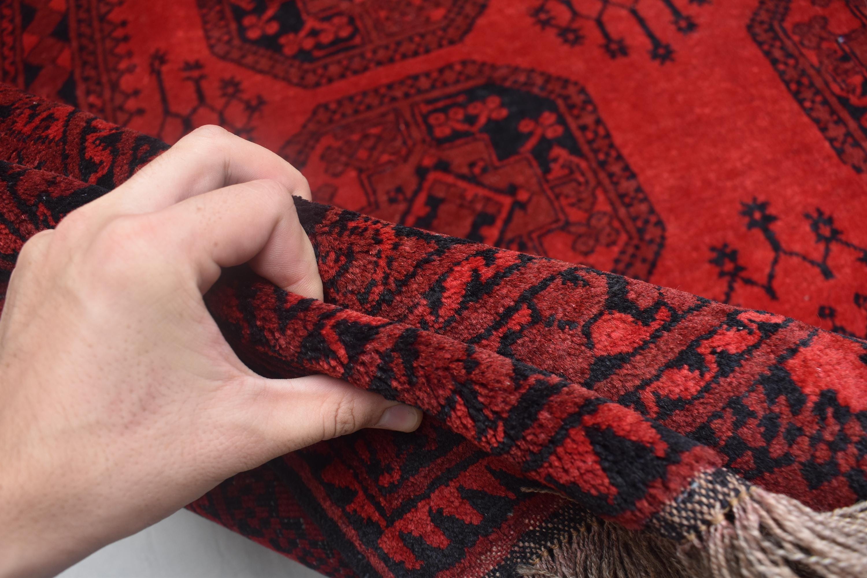 Vintage Afghan Pie Rug - Handmade 9.2x6.6 ft Wool Carpet, Tribal Red Oriental Area Rug, Bohemian Home Decor, Farm House Rug, Bedroom Rug