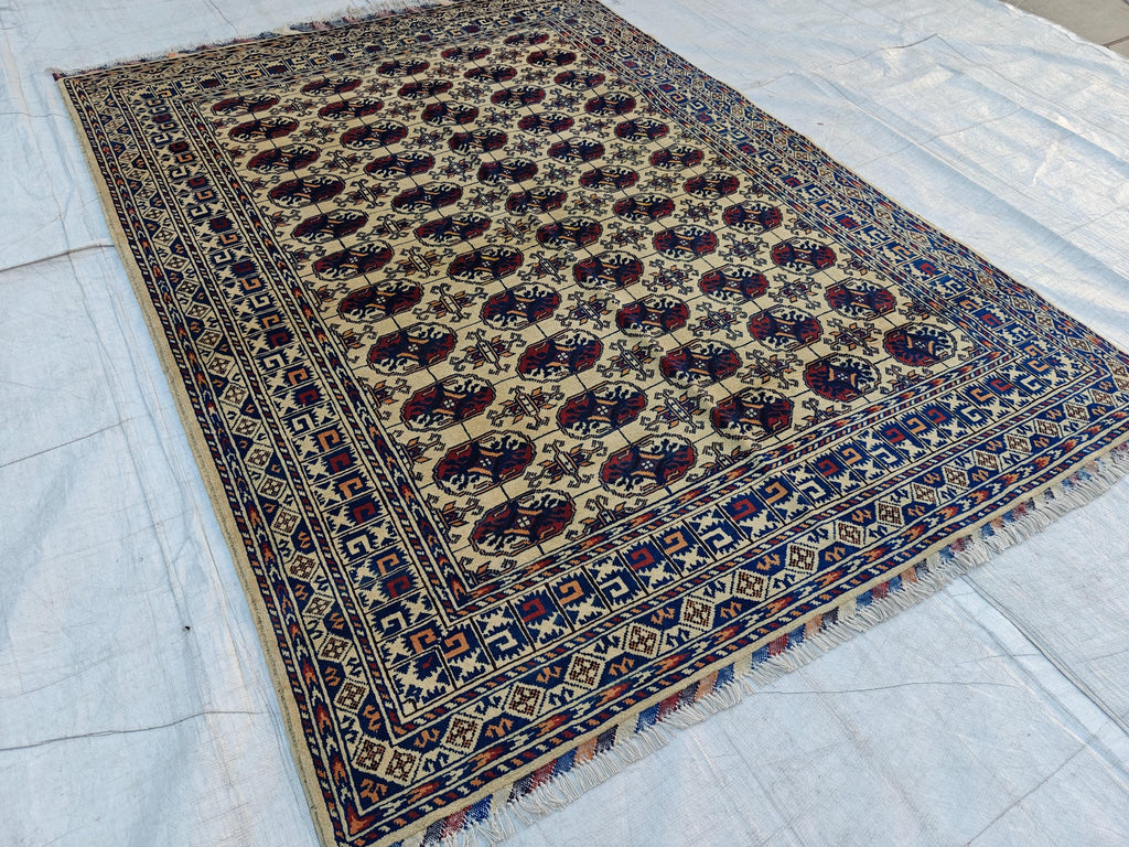 Handwoven Ahal Gul Rug 6.7x4.9 ft | Afghan Vintage Area Rug for Home Decor | Unique Tribal Carpet, Living Room Rug, Farm House, Bedroom Rug