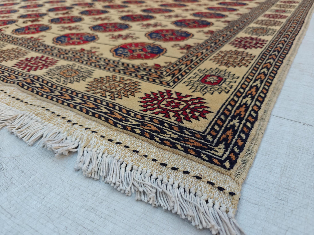 6x8 Creamy Ahal Gul Rug | Afghan Area Rug for Home Decor | Unique Tribal Oriental Carpet, Bedroom Rug, Rug for Living Room 7.7x5.6 ft
