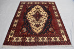 Handmade Vintage Kazak Rug - 6.2 x 4.8 ft, Afghan Wool Carpet, Traditional Tribal Area Rug, Oriental Decor, Red & Blue Pattern,
