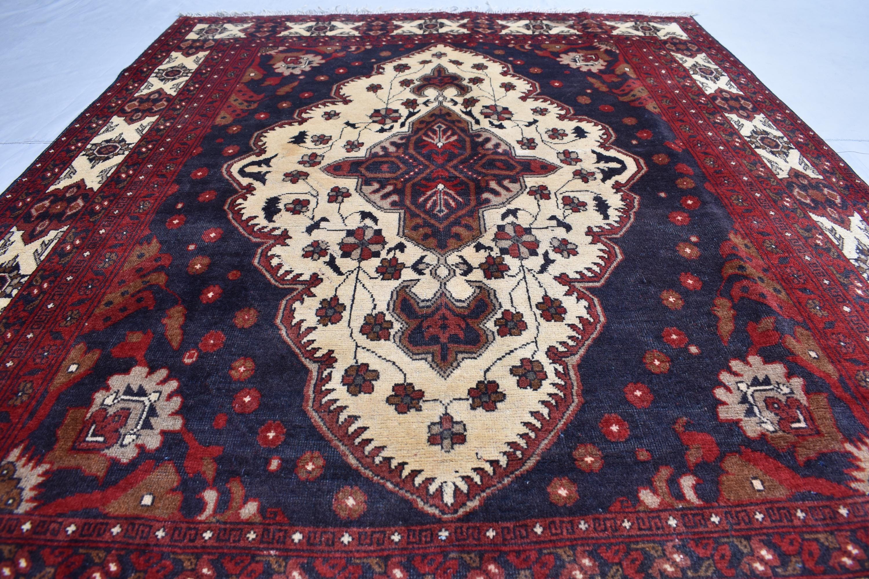 Handmade Vintage Kazak Rug - 6.2 x 4.8 ft, Afghan Wool Carpet, Traditional Tribal Area Rug, Oriental Decor, Red & Blue Pattern,