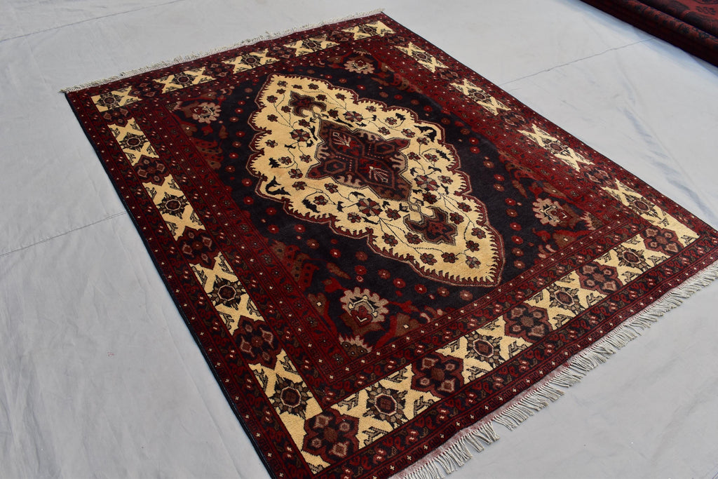 Handmade Vintage Kazak Rug - 6.2 x 4.8 ft, Afghan Wool Carpet, Traditional Tribal Area Rug, Oriental Decor, Red & Blue Pattern,